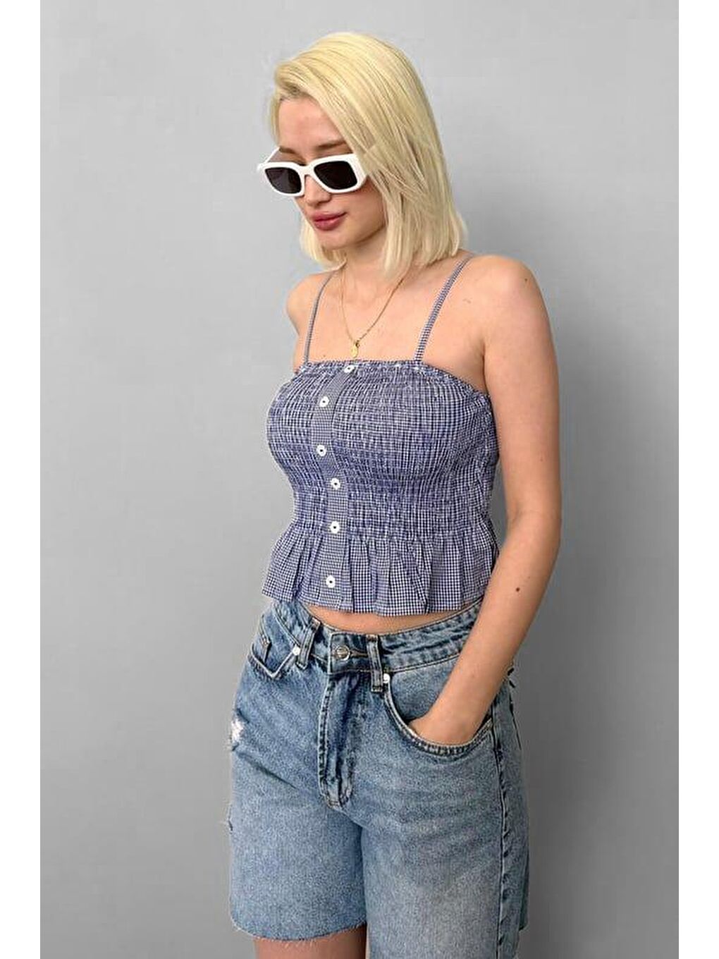 Mavi Saks Ayarlanabilir Askı Pötikareli Crop Mg2371-1