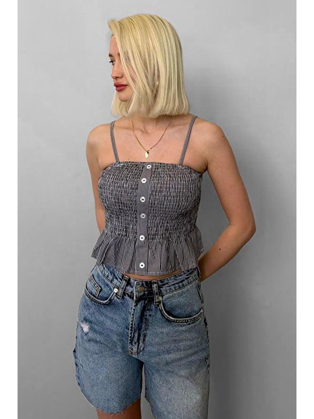 Siyah Ayarlanabilir Askı Pötikareli Crop Mg2371-1