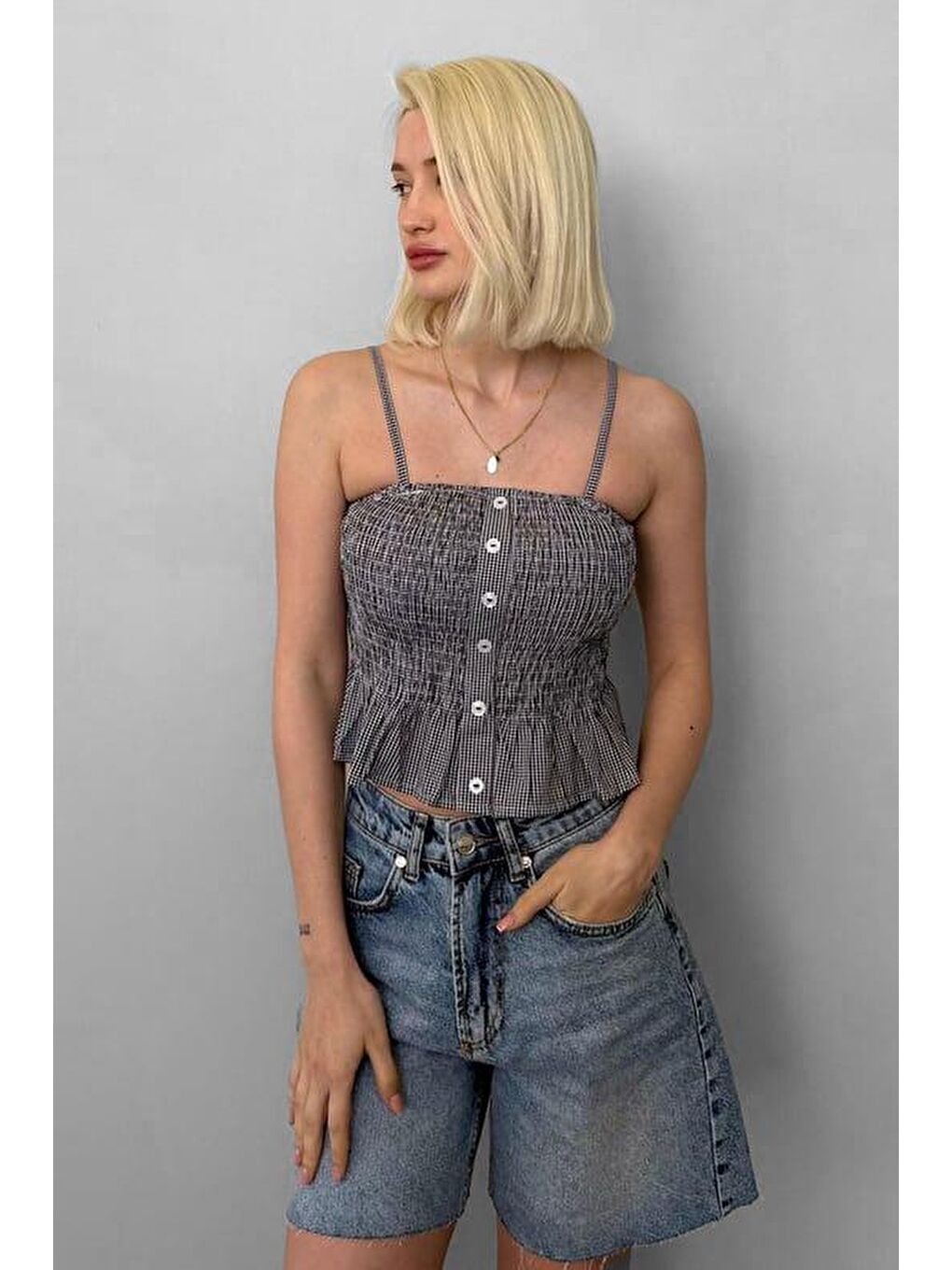 Siyah Ayarlanabilir Askı Pötikareli Crop Mg2371-3