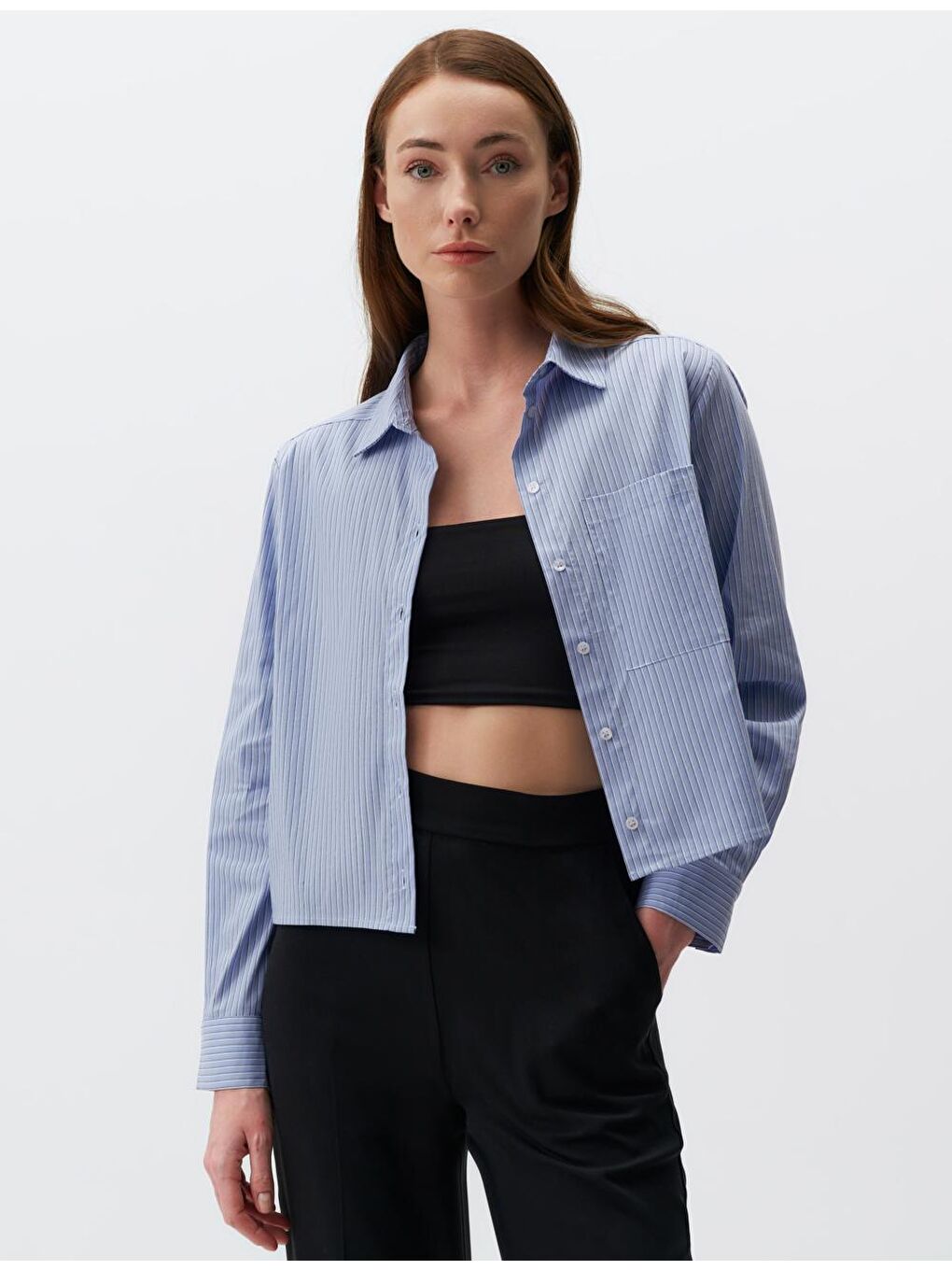 Açık Mavi Uzun Kollu Çizgili Kısa Gömlek