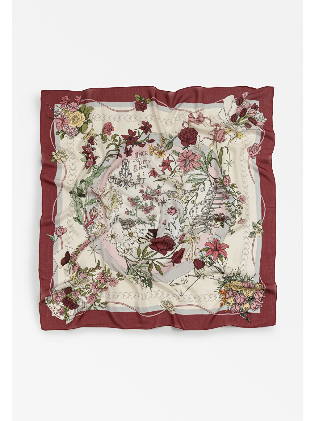 Bordo Once Upon A Love Desen Floş Viskon Eşarp Vintage Rose