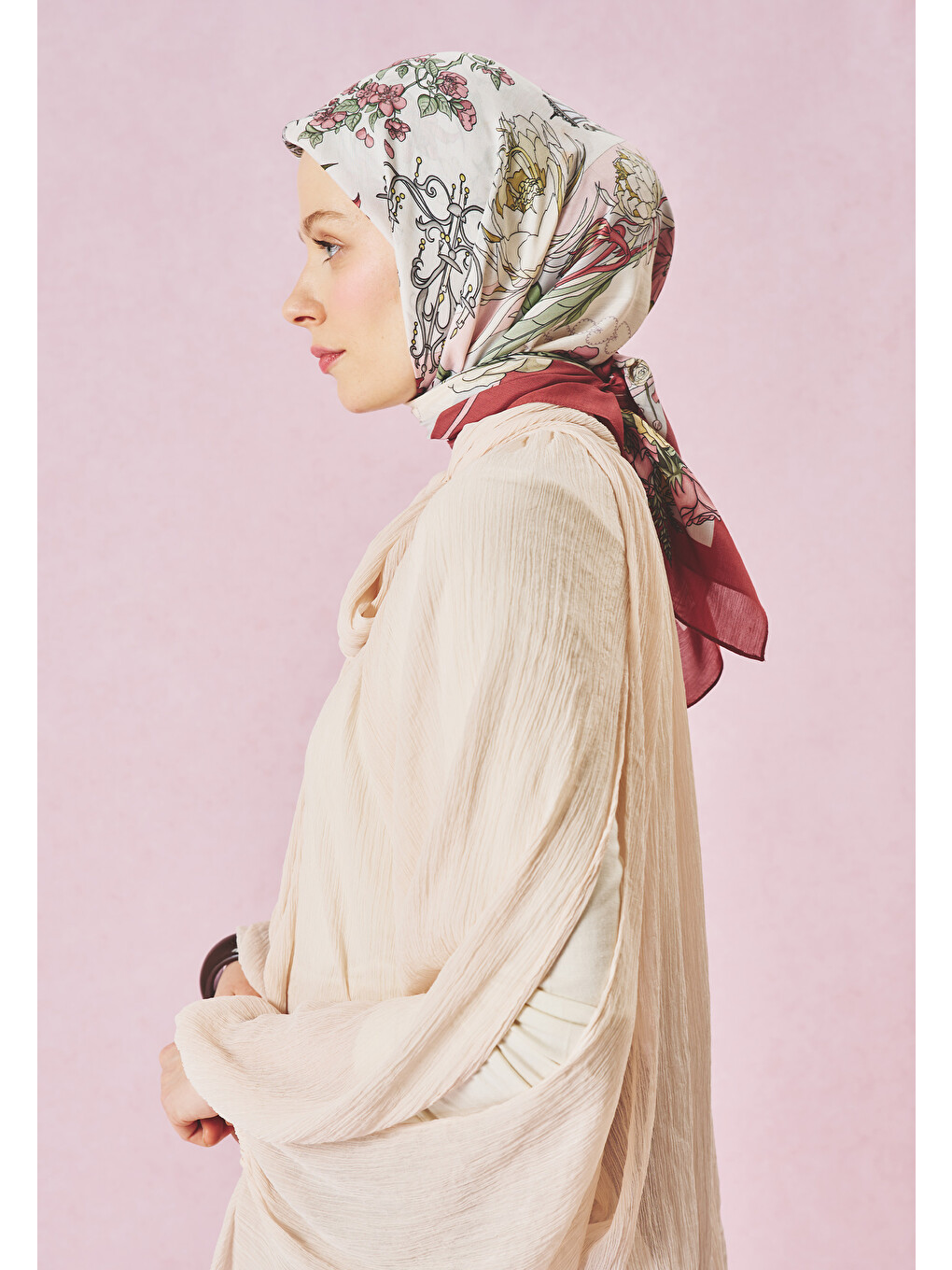 Bordo Once Upon A Love Desen Floş Viskon Eşarp Vintage Rose-1
