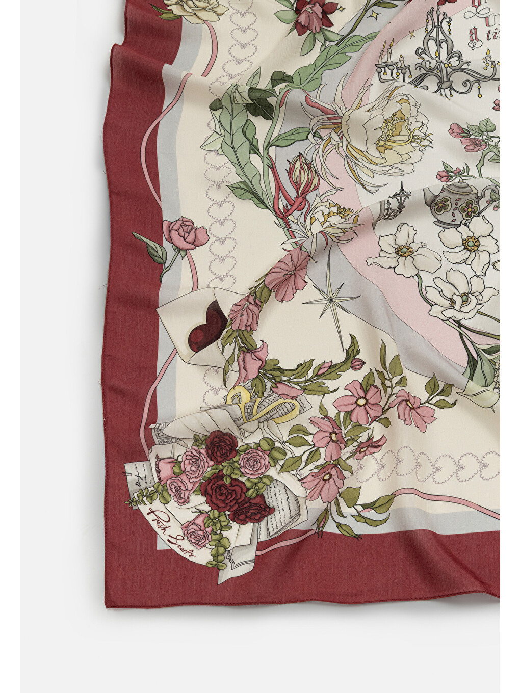 Bordo Once Upon A Love Desen Floş Viskon Eşarp Vintage Rose-2