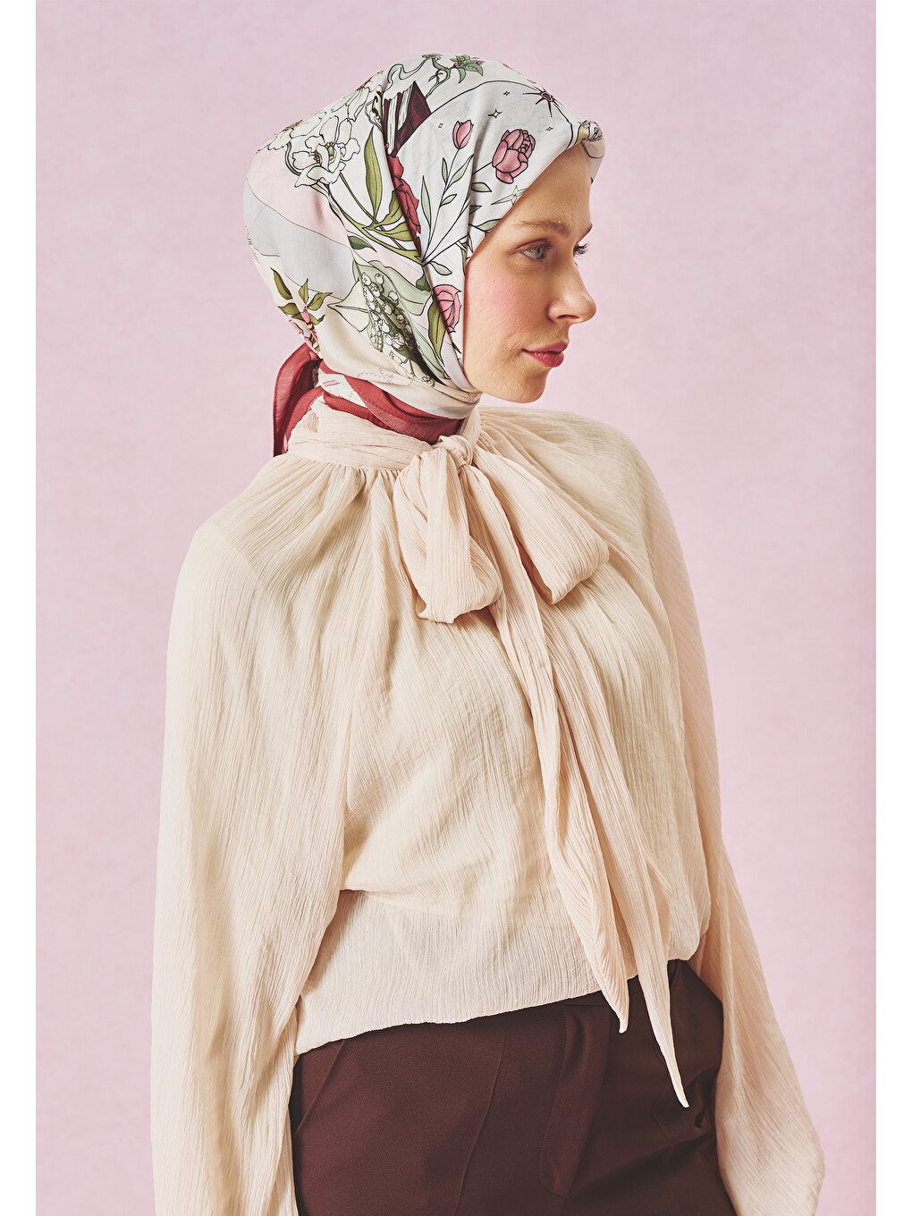 Bordo Once Upon A Love Desen Floş Viskon Eşarp Vintage Rose-4