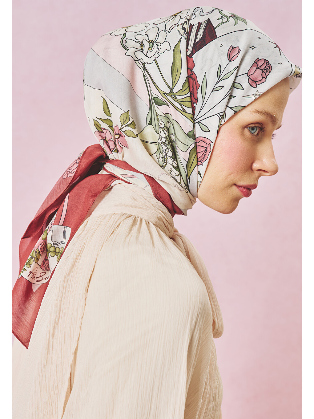 Bordo Once Upon A Love Desen Floş Viskon Eşarp Vintage Rose-5