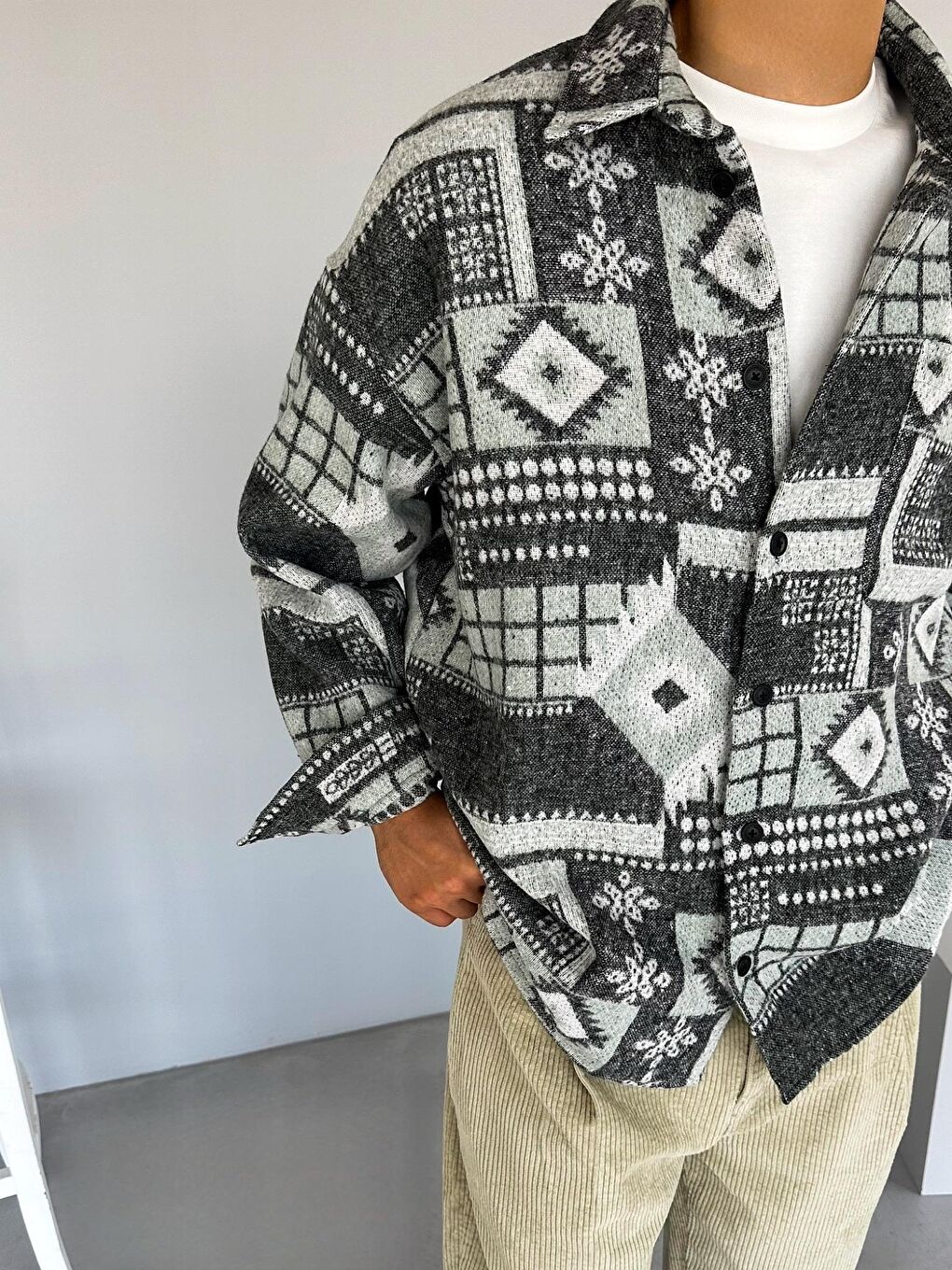 Erkek Oversize Desenli Yumuşak Dokulu Gömlek Yeşil-3