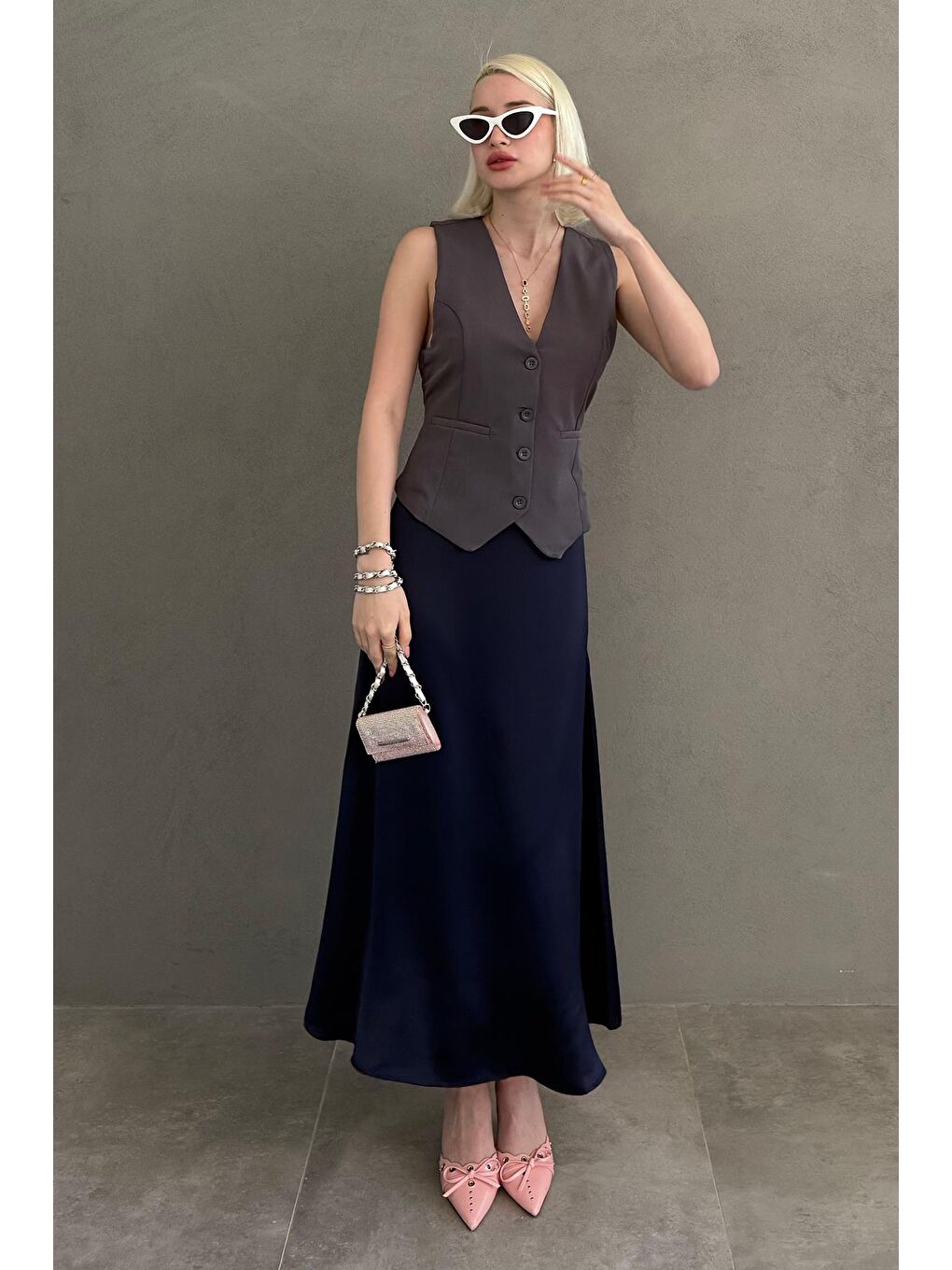 Lacivert Basic Midi Saten Etek Mg1409-1
