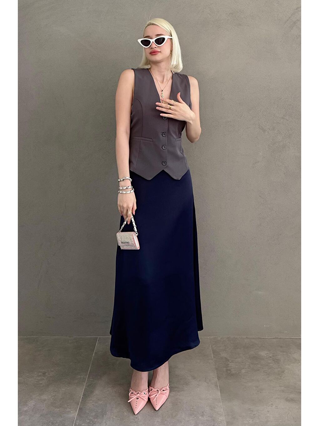 Lacivert Basic Midi Saten Etek Mg1409-3