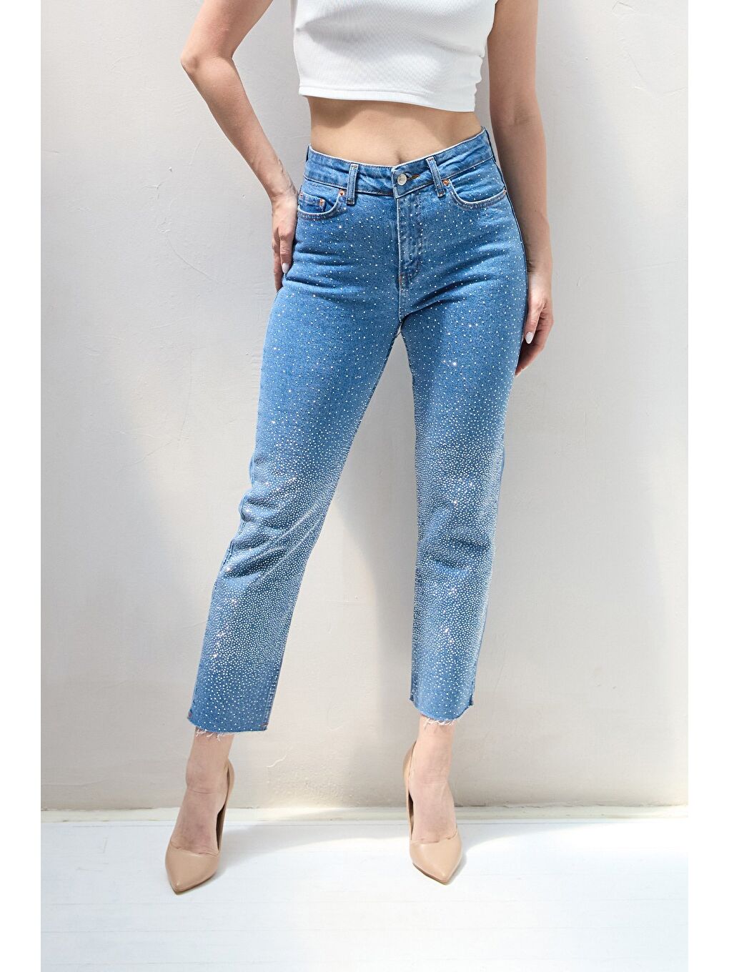 Mavi Taşlı Yüksek Bel Mom Jean-4