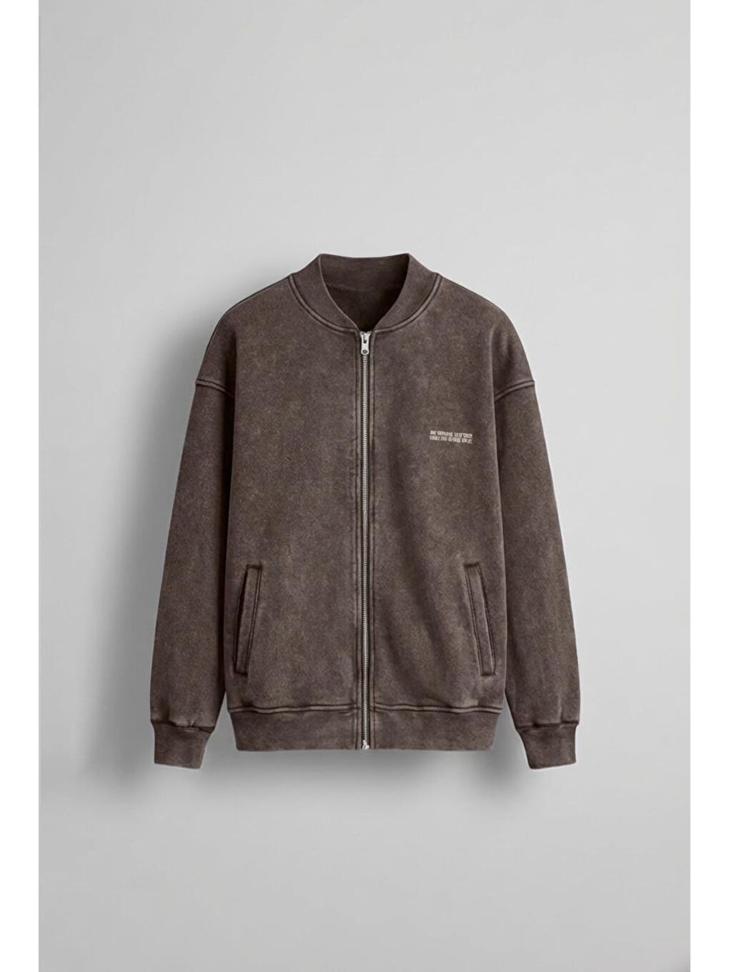 Oversize Yıkamalı Erkek Fermuarlı Sweatshirt Hırka Kahverengi