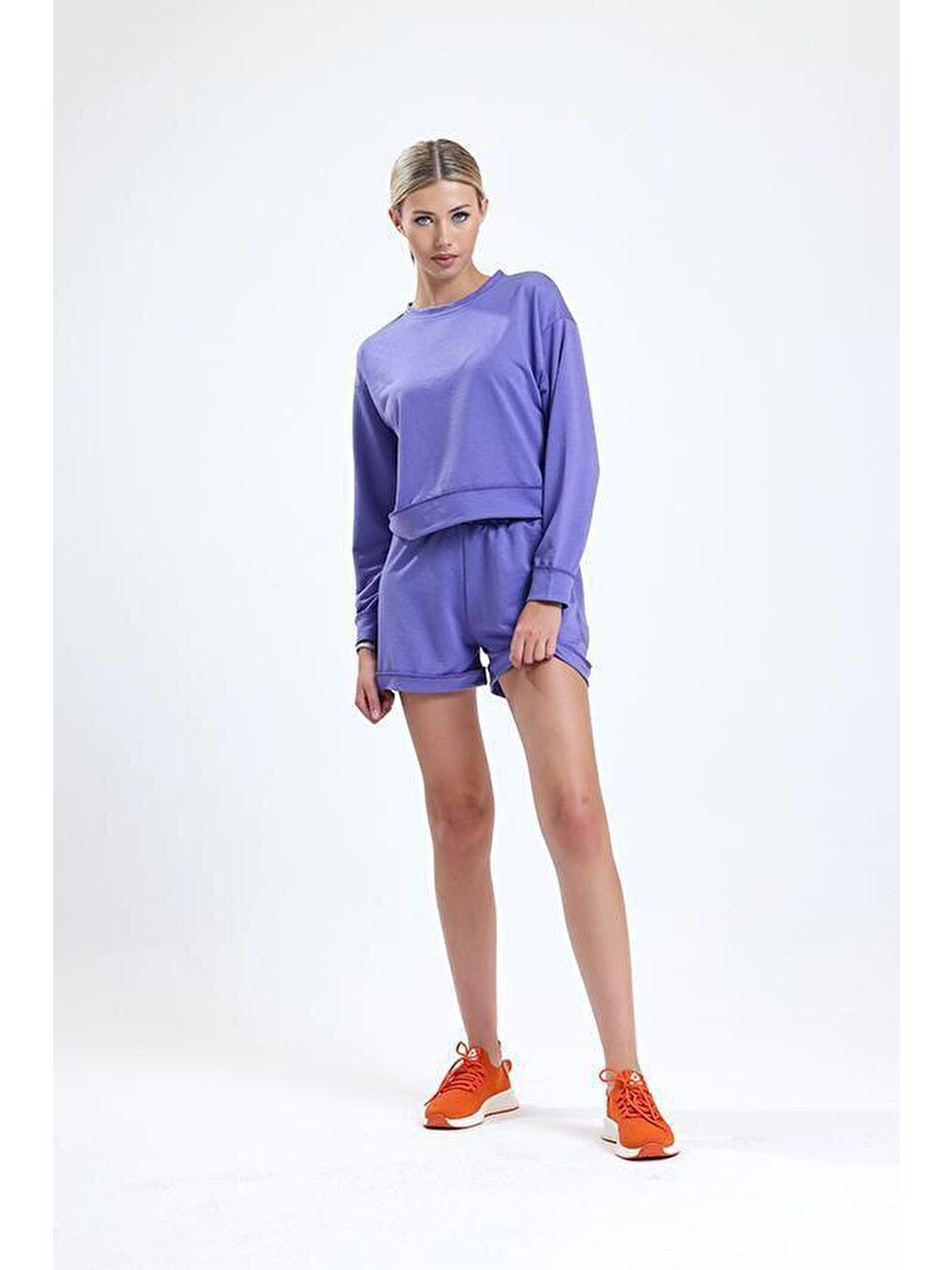 Mor Bisiklet Yaka Uzun Kollu Şortlu Kadın Pijama Takımı-1