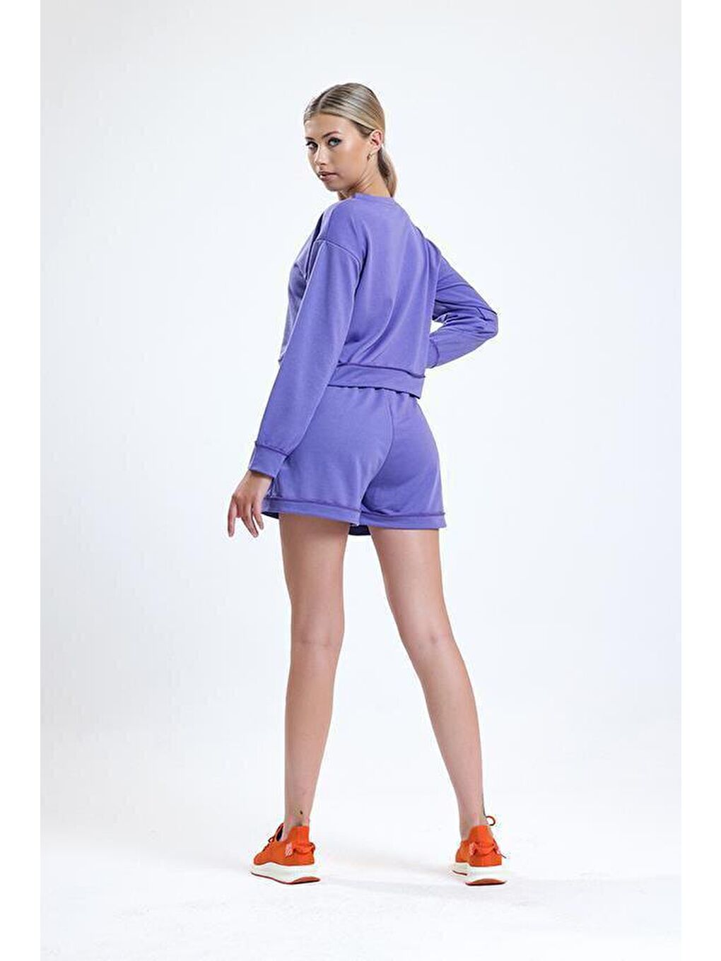Mor Bisiklet Yaka Uzun Kollu Şortlu Kadın Pijama Takımı-2