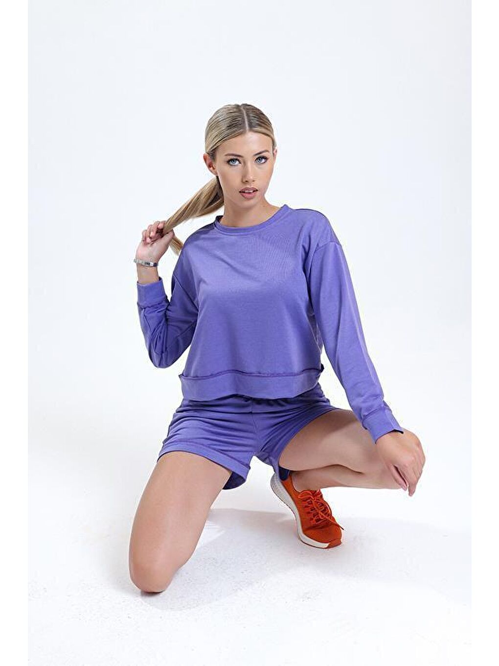 Mor Bisiklet Yaka Uzun Kollu Şortlu Kadın Pijama Takımı-3