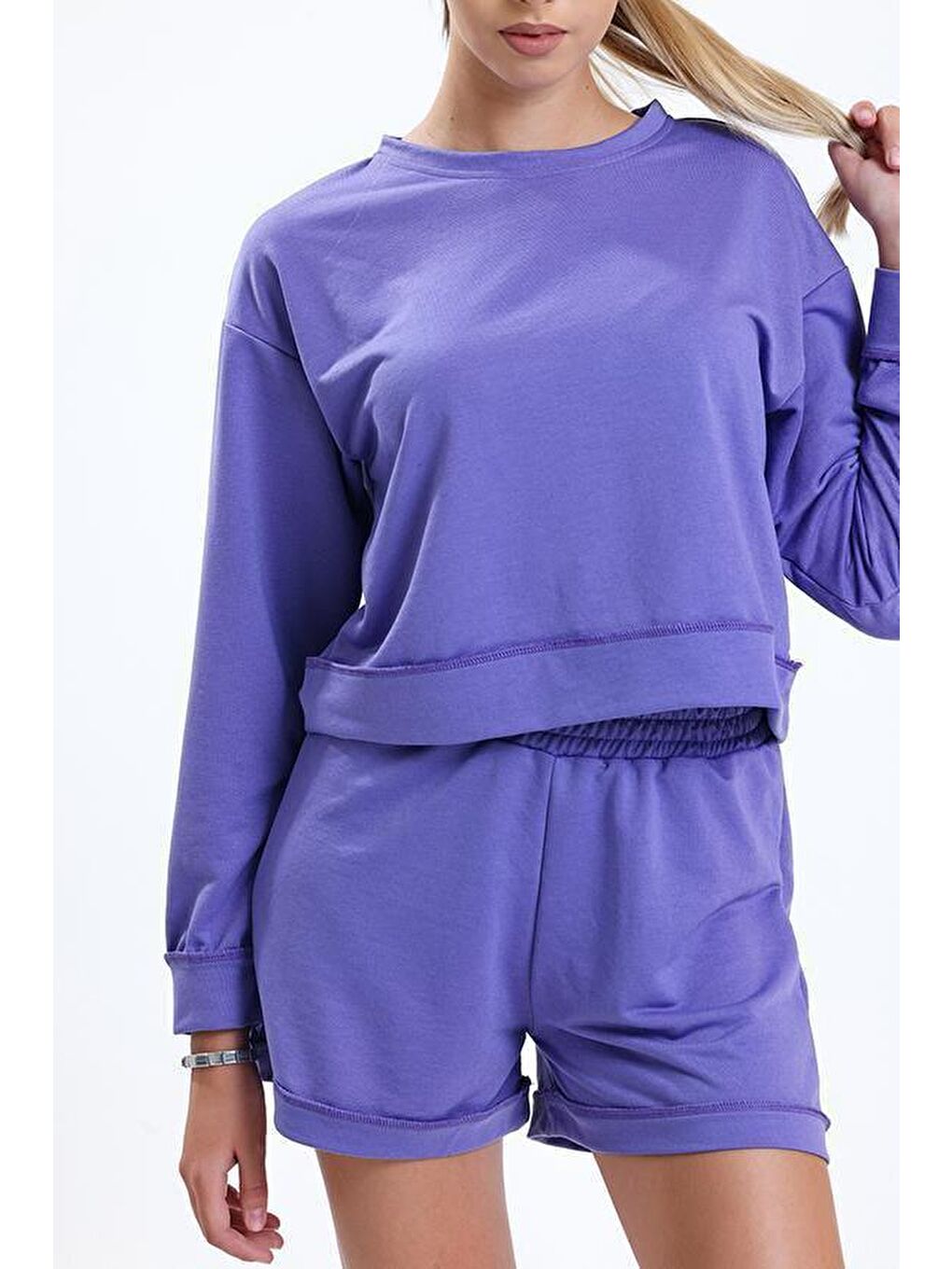 Mor Bisiklet Yaka Uzun Kollu Şortlu Kadın Pijama Takımı-5