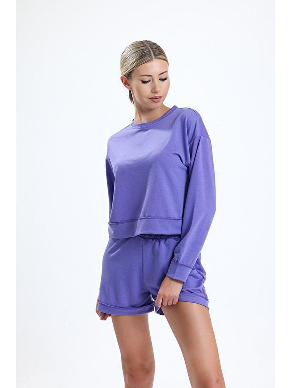 Mor Bisiklet Yaka Uzun Kollu Şortlu Kadın Pijama Takımı-6