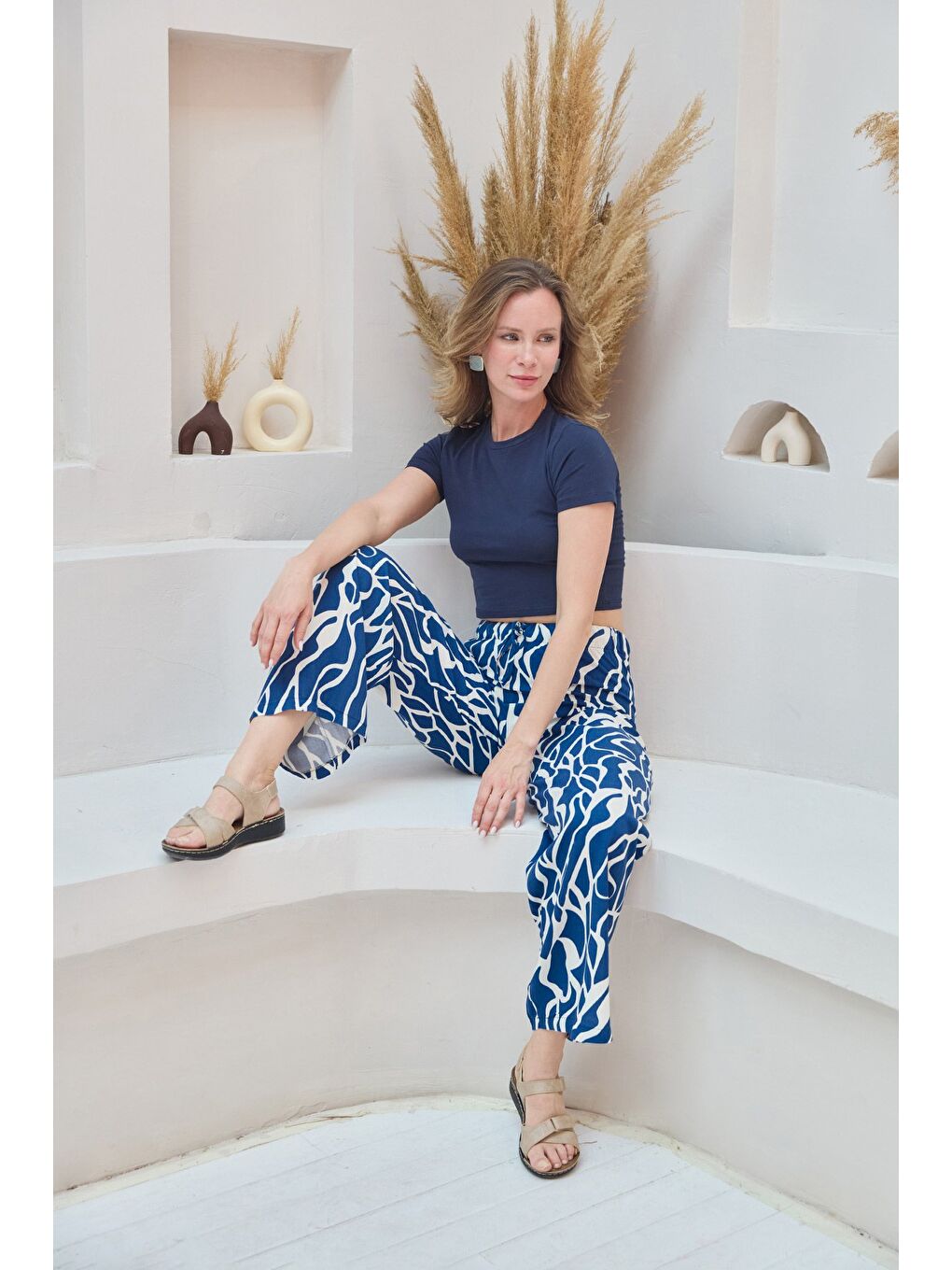 İndigo Desenli Beli Lastikli Palazzo Pantolon-1