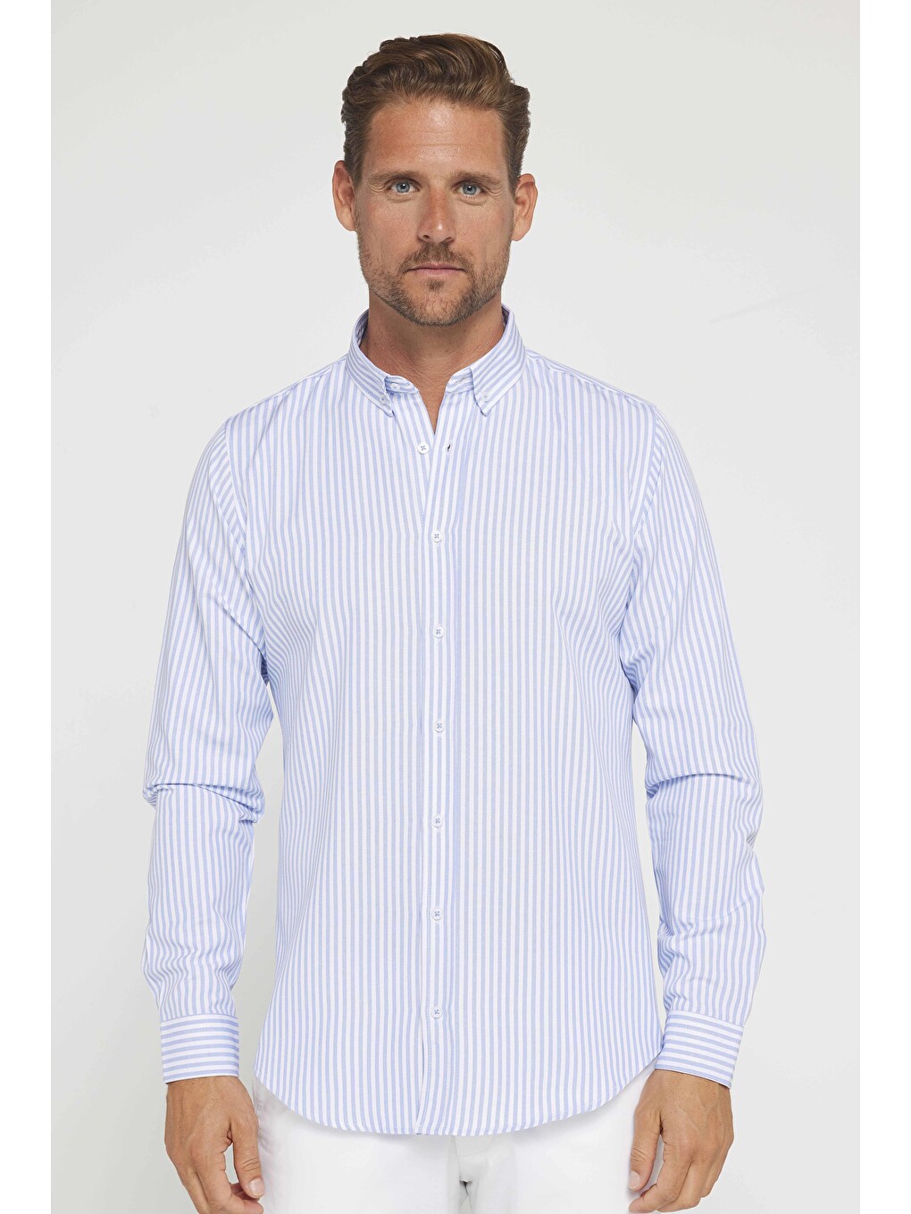 Karışık Slim Fit Uzun Kollu Düğmeli Yaka Çizgili Yumuşak Dokulu Pamuklu Erkek Gömlek-1