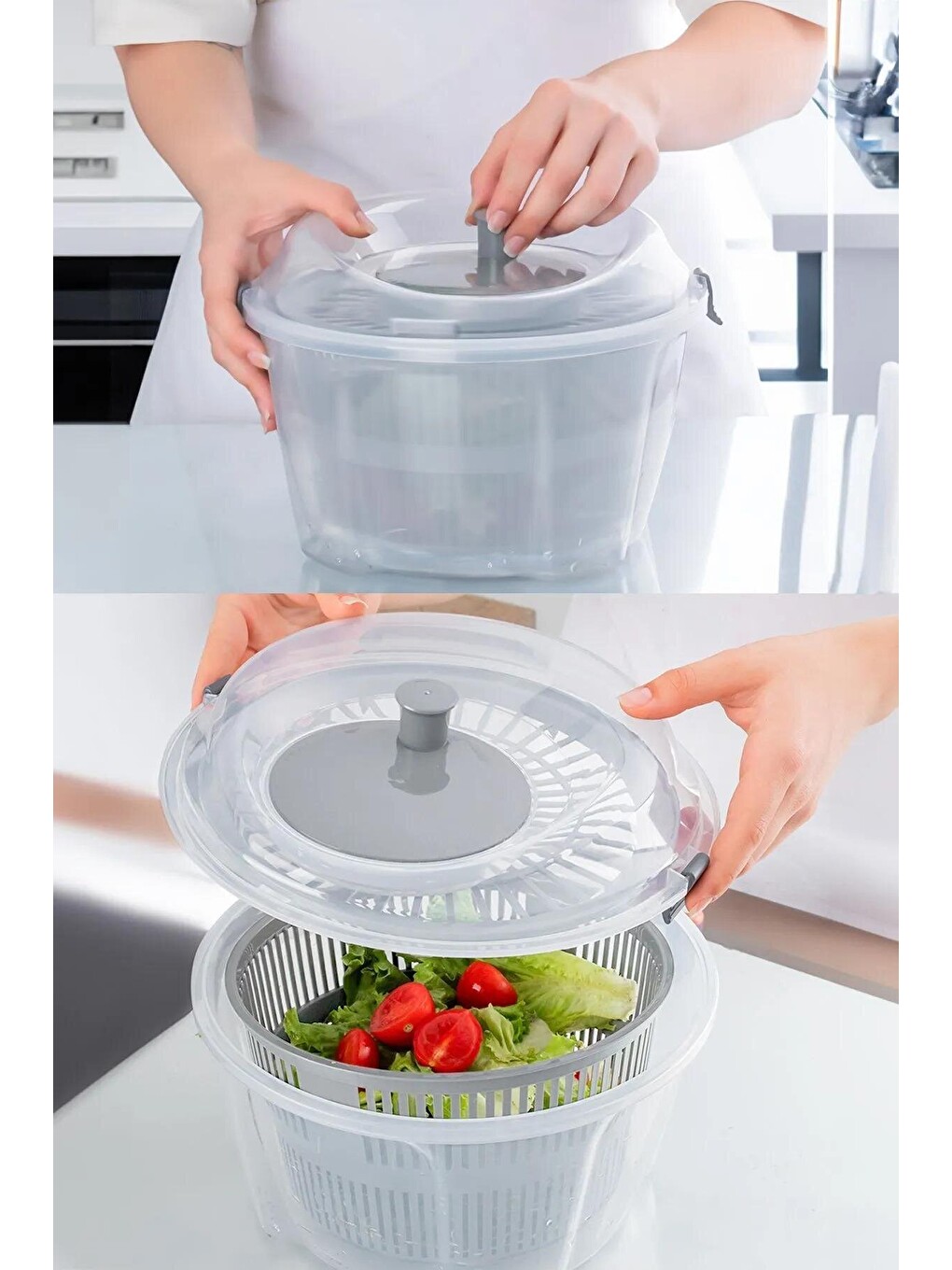 Pratik Salata Kurutucu - Meyve Sebze Yeşillik Yıkama Kurutma Kabı Gri-1