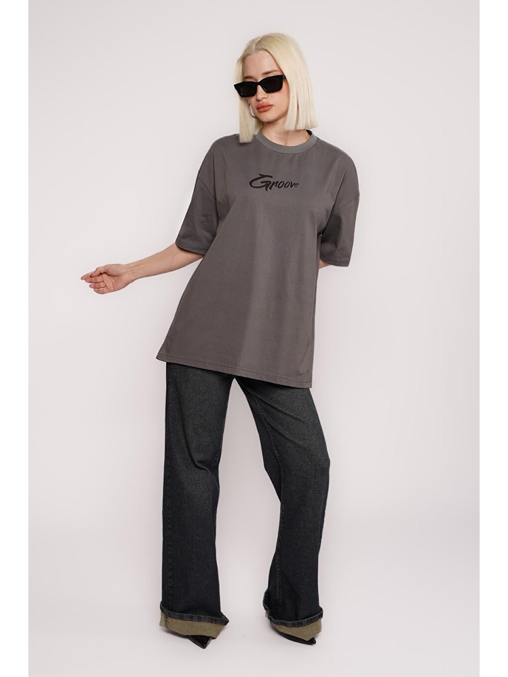 Gri Füme Baskılı Oversize Tişört Mg1491-3