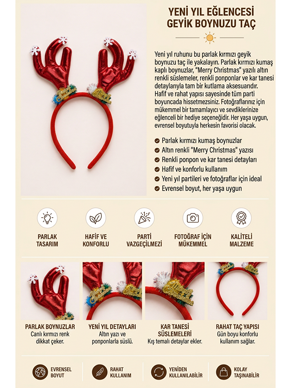 Karışık Marry Chirstmas Desenli Noel Taç-1