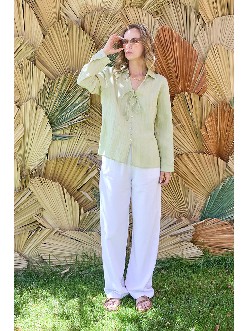 Turkuaz Önü Bağlamalı Düğmeli Salaş Gömlek-4