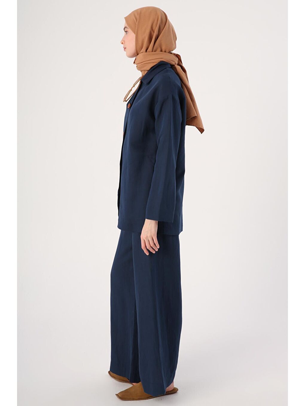 Lacivert Cepli Tahta Düğmeli Gömlek Yaka Keten Ceket-2