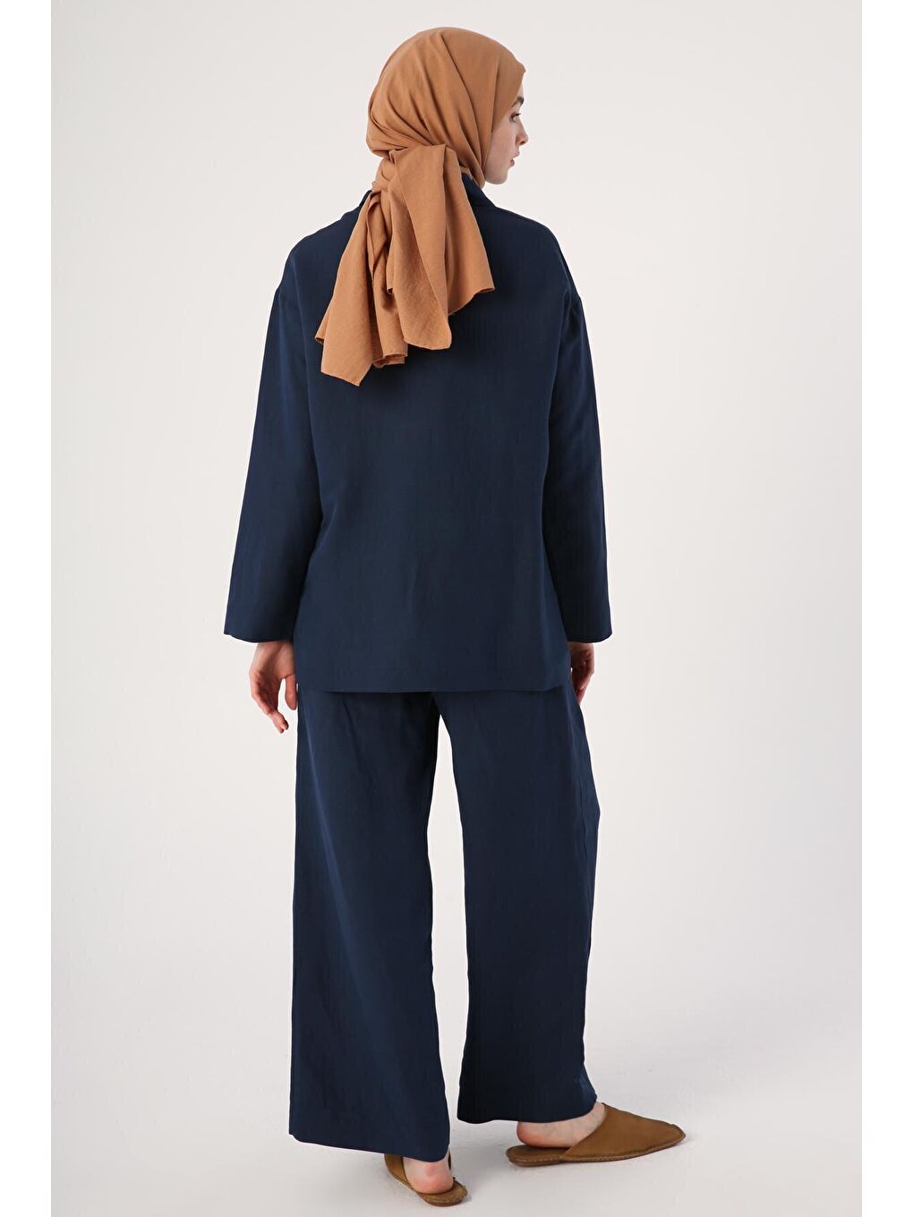 Lacivert Cepli Tahta Düğmeli Gömlek Yaka Keten Ceket-3