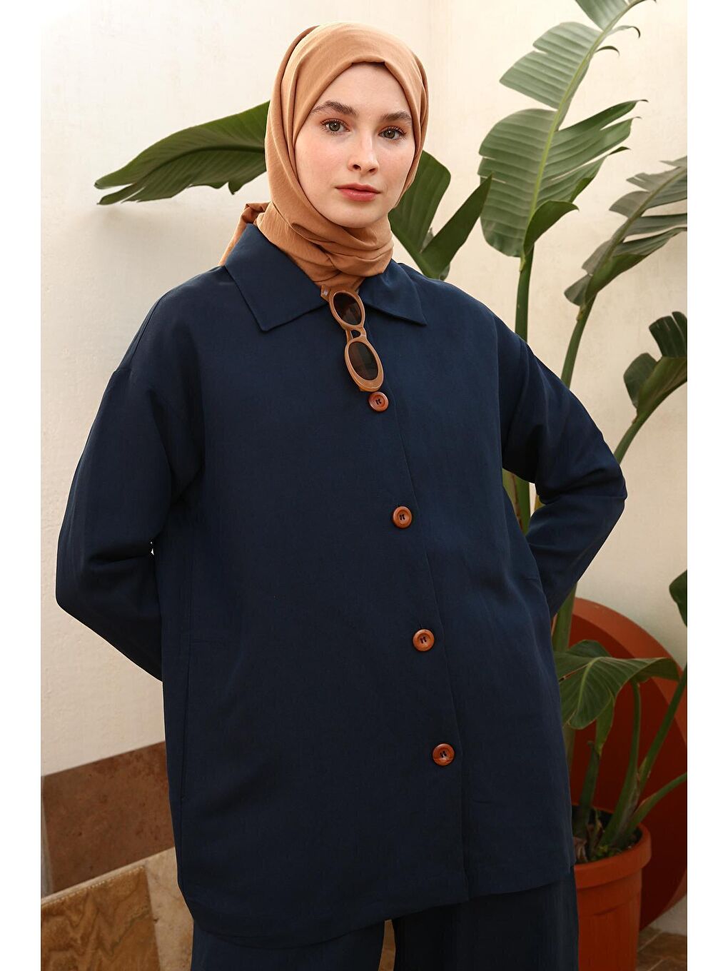 Lacivert Cepli Tahta Düğmeli Gömlek Yaka Keten Ceket-4