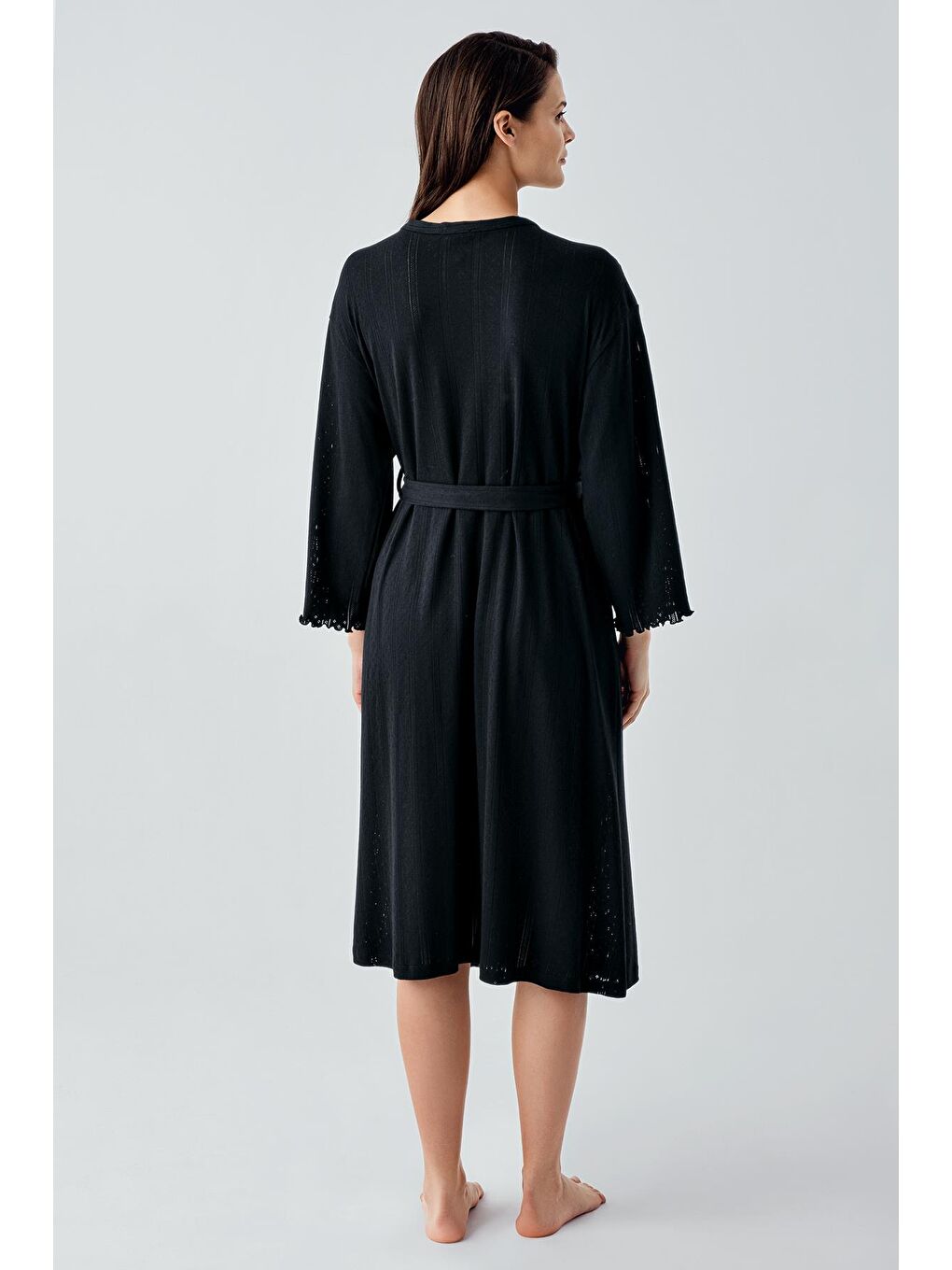 Siyah Uzun Kollu Ajurlu Esnek Pamuklu Sabahlık 17508-2