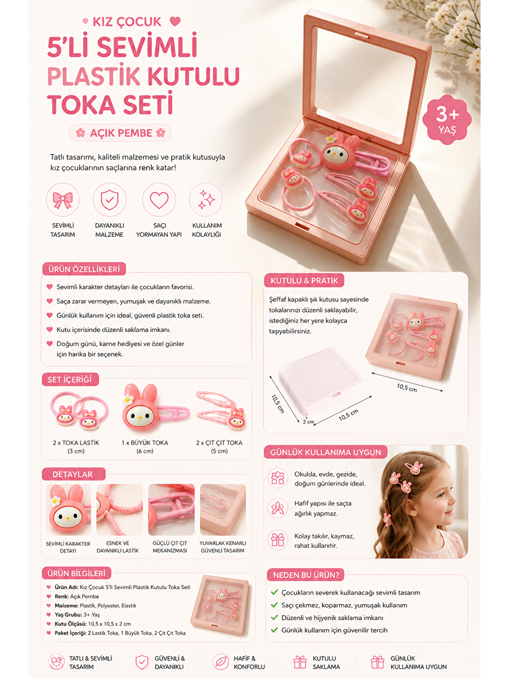 Kız Çocuk 5'li Sevimli Plastik Kutulu Toka Seti Açık Pembe-3
