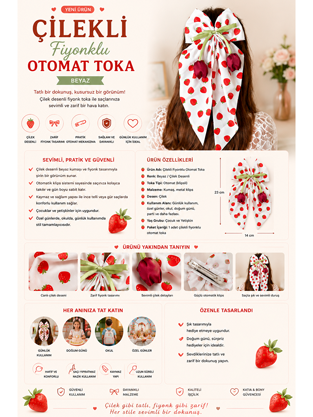 Çilekli Fiyonklu Otomat Toka Beyaz-2