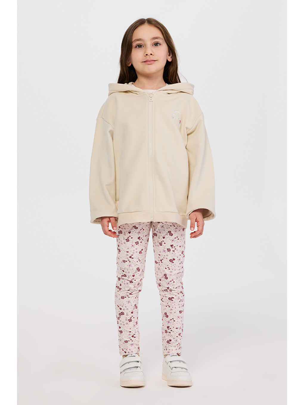 Kız Çocuk Fermuarlı Kalp Detaylı Bej Sweatshirt