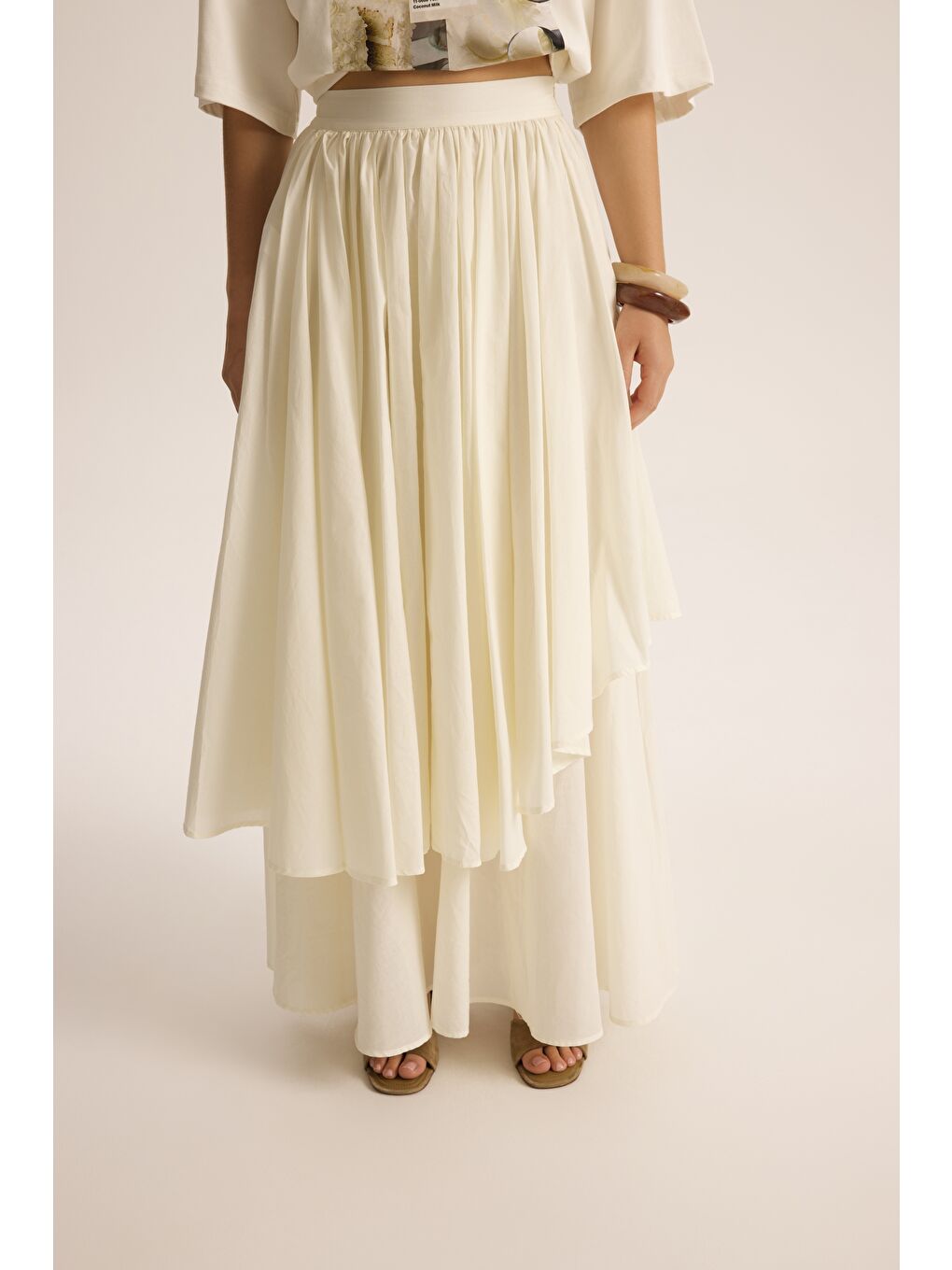 Kevin Çift Kat Ekru Uzun Etek-6