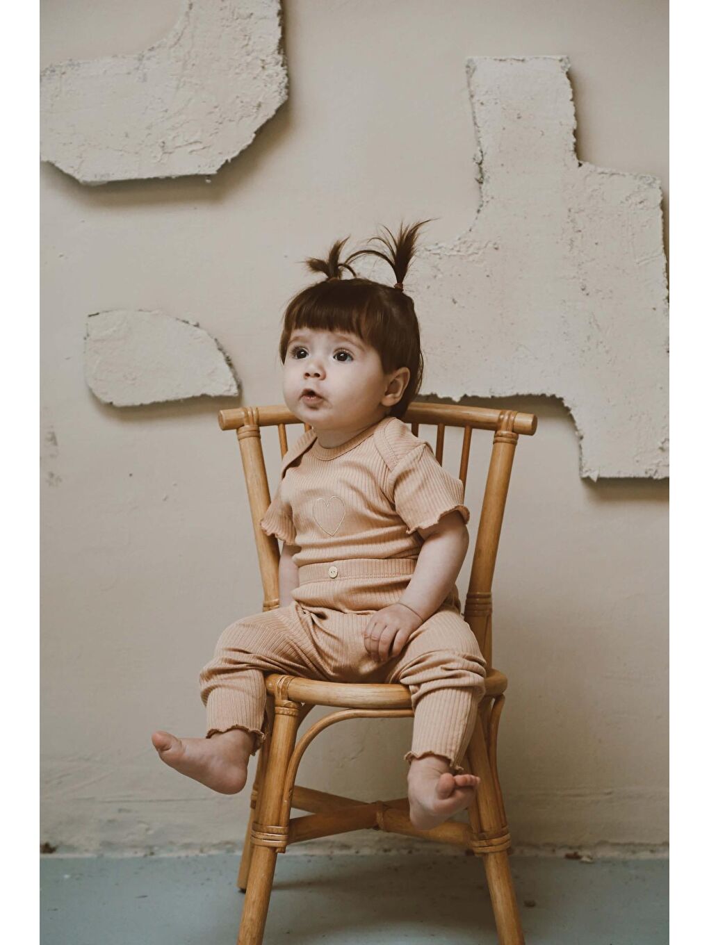 Bej Kalp Nakışlı Fitilli Kısa Kollu Body Tayt Set-2