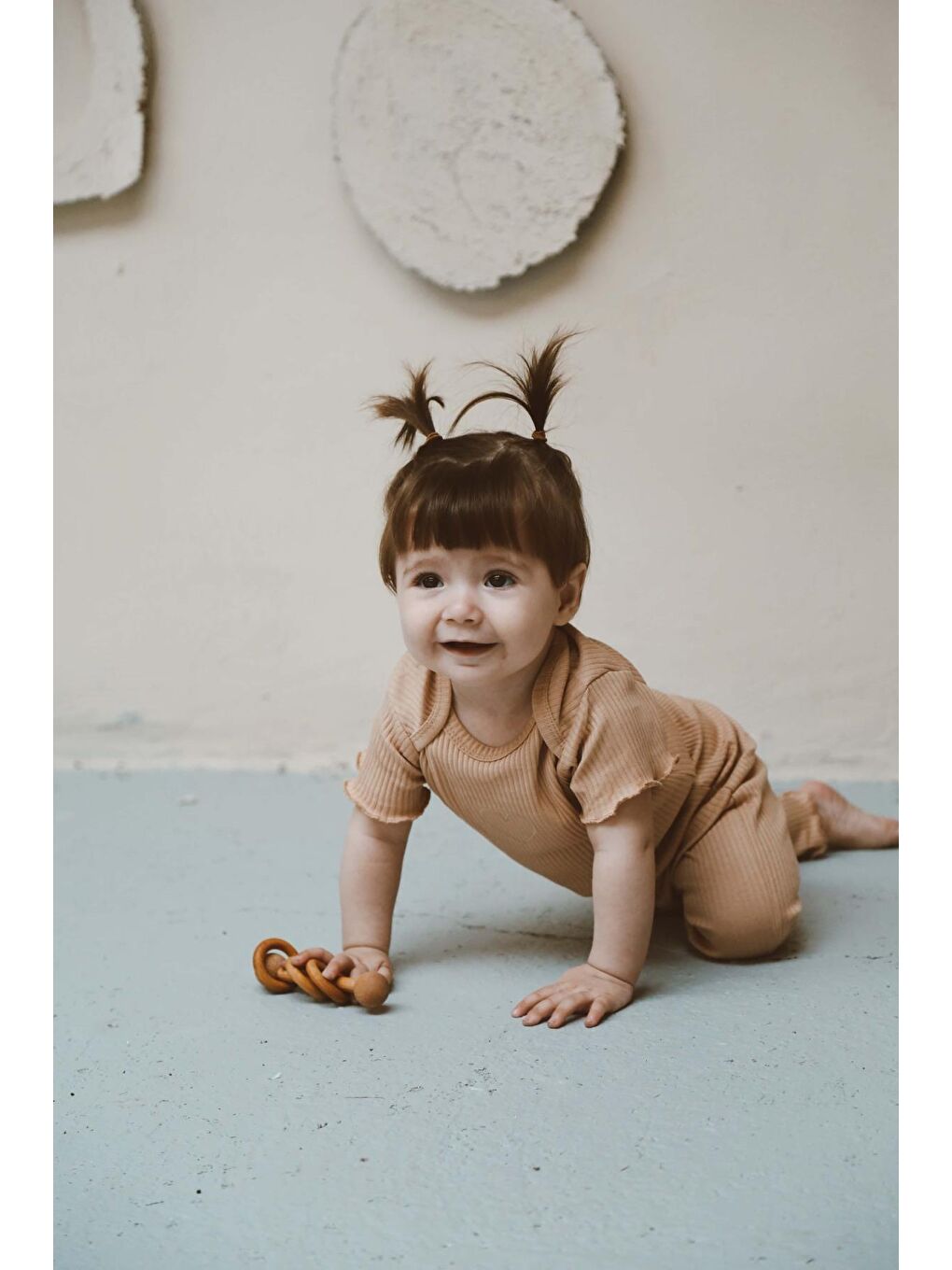 Bej Kalp Nakışlı Fitilli Kısa Kollu Body Tayt Set-4