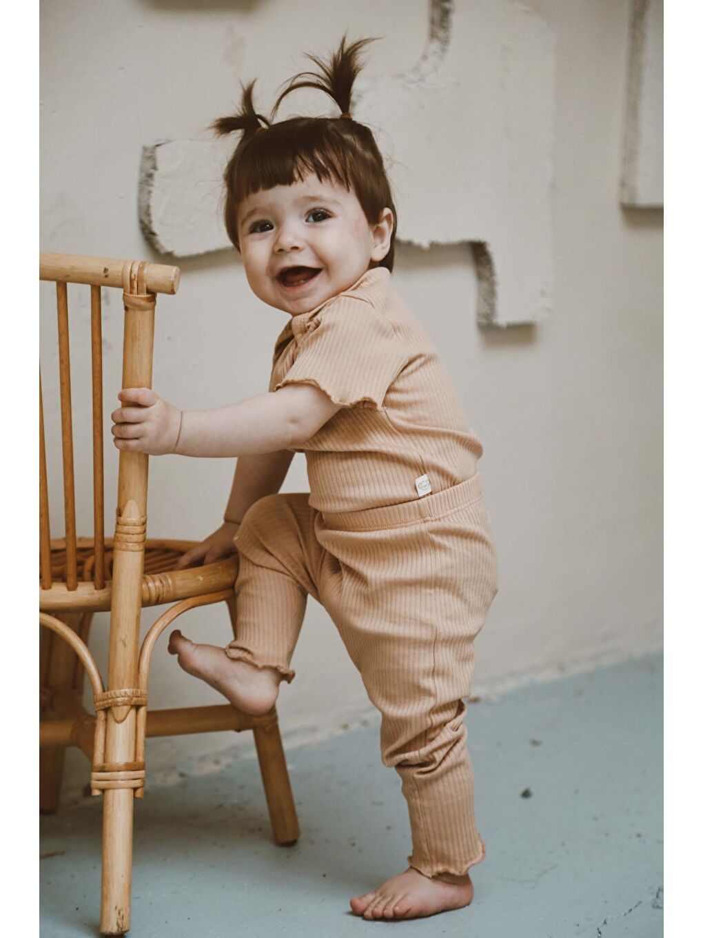 Bej Kalp Nakışlı Fitilli Kısa Kollu Body Tayt Set-5