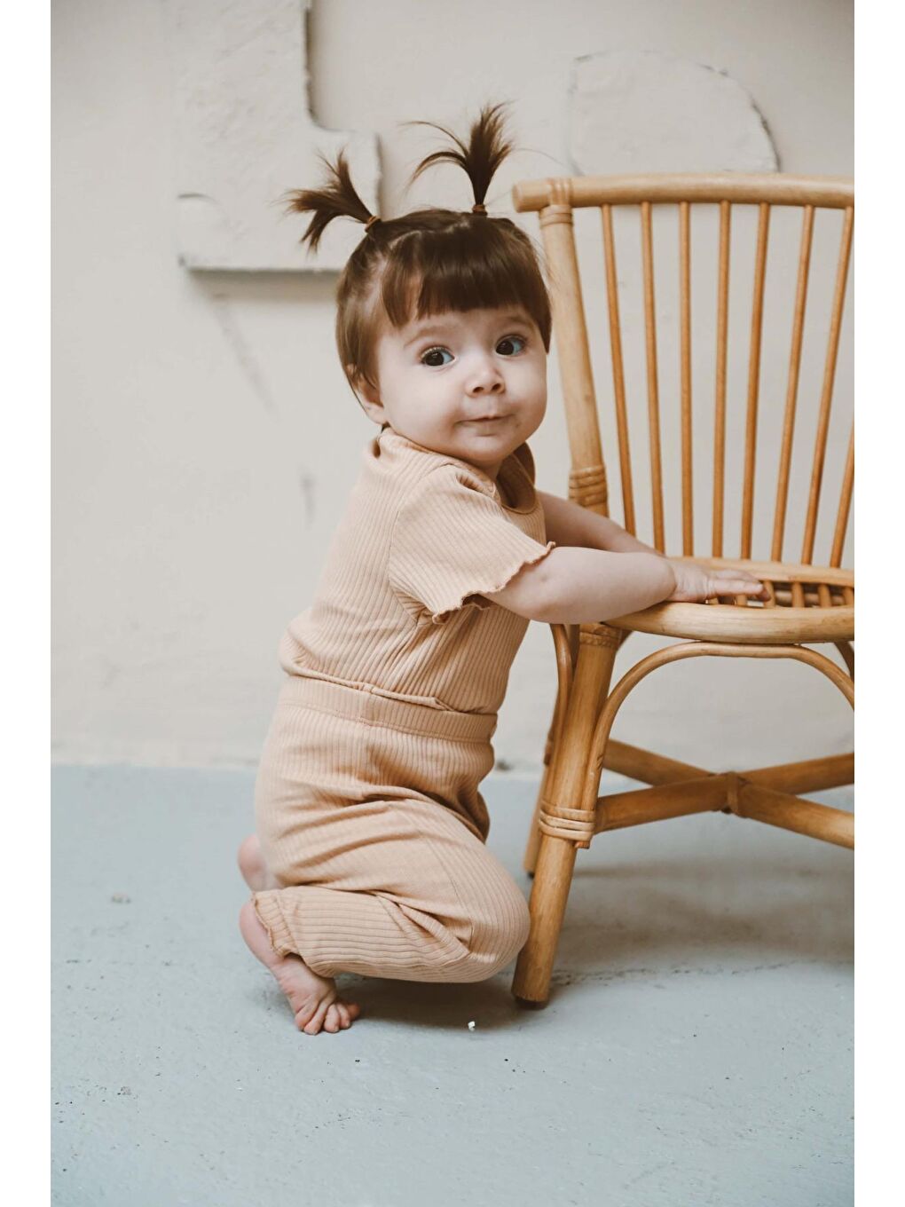 Bej Kalp Nakışlı Fitilli Kısa Kollu Body Tayt Set-6