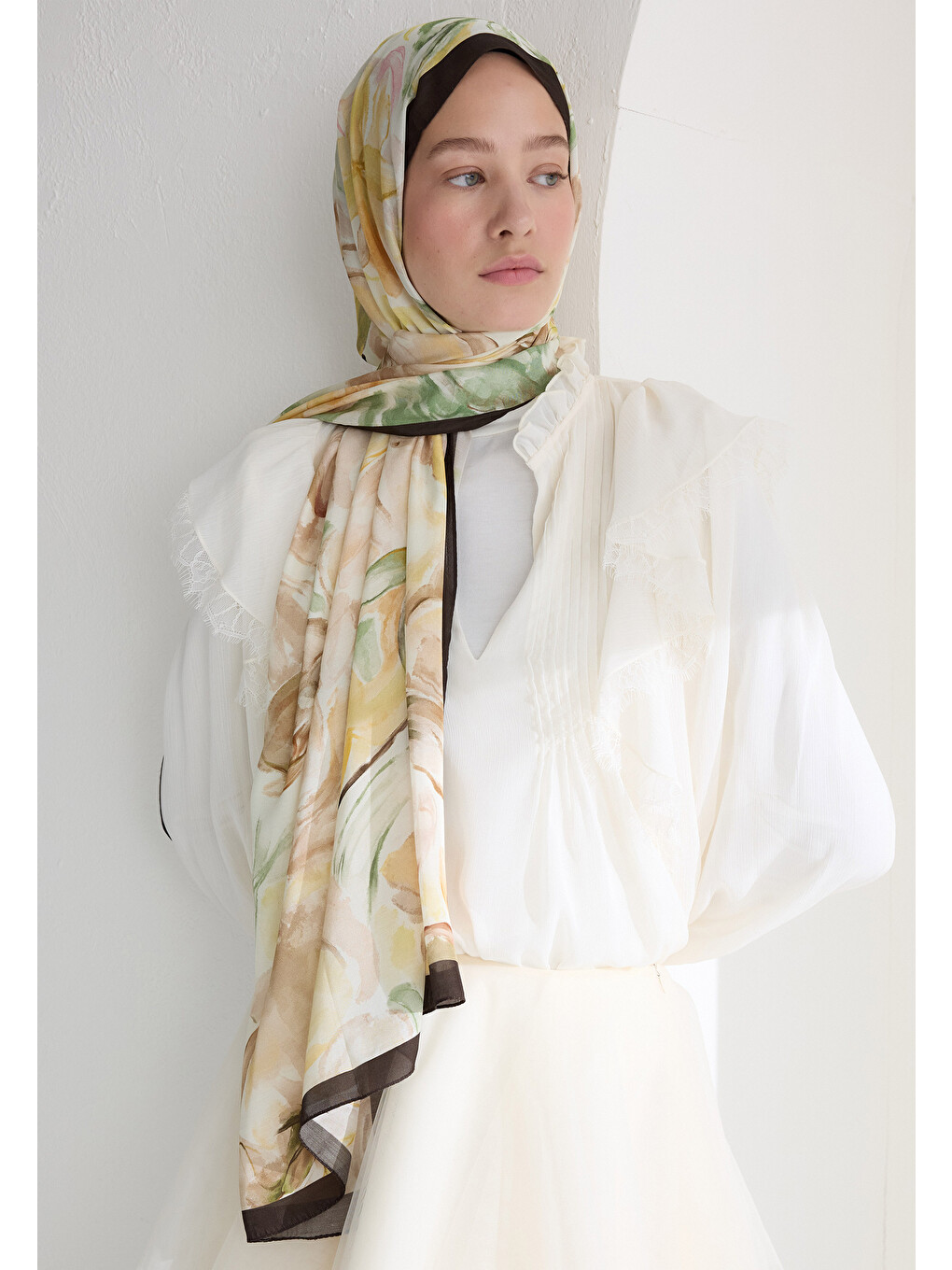 Kahverengi Soft Flora Floş Viskon Şal Kahve-2