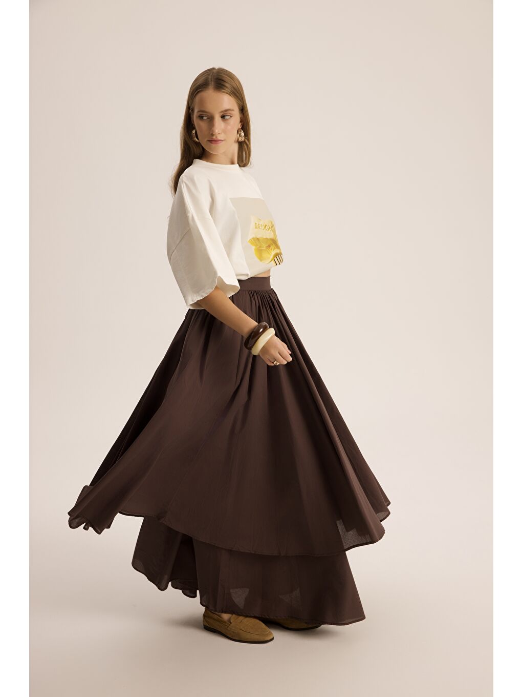 Kahverengi Kevin Çift Kat Kahve Uzun Etek-3