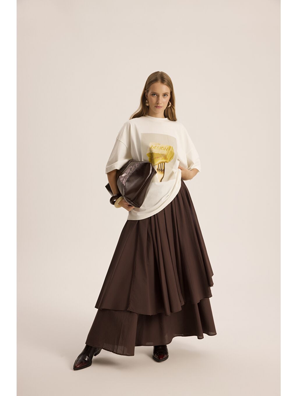 Kahverengi Kevin Çift Kat Kahve Uzun Etek-5