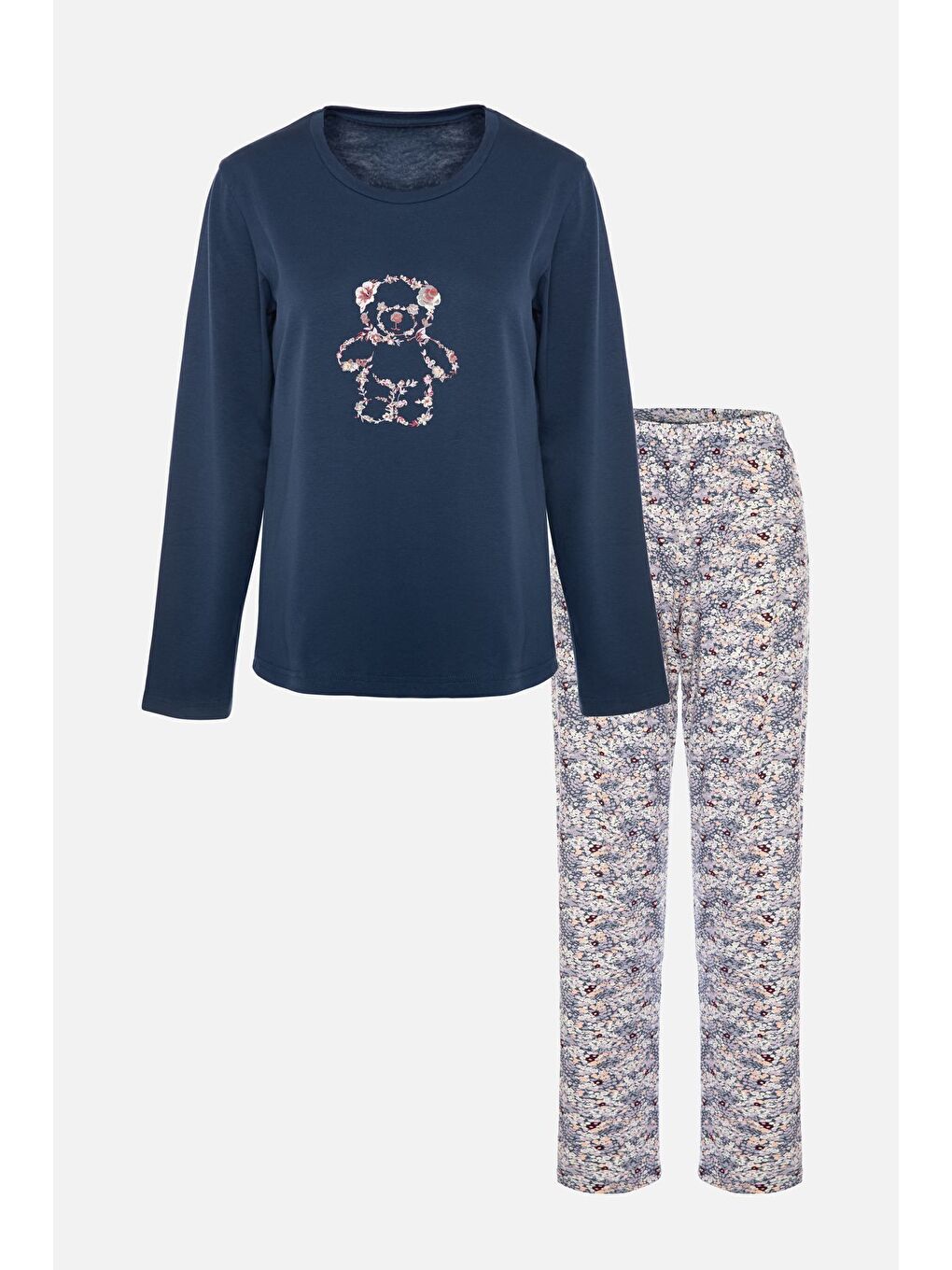 Mavi Kadın Çiçek Desenli Uzun Kollu Pijama Takımı