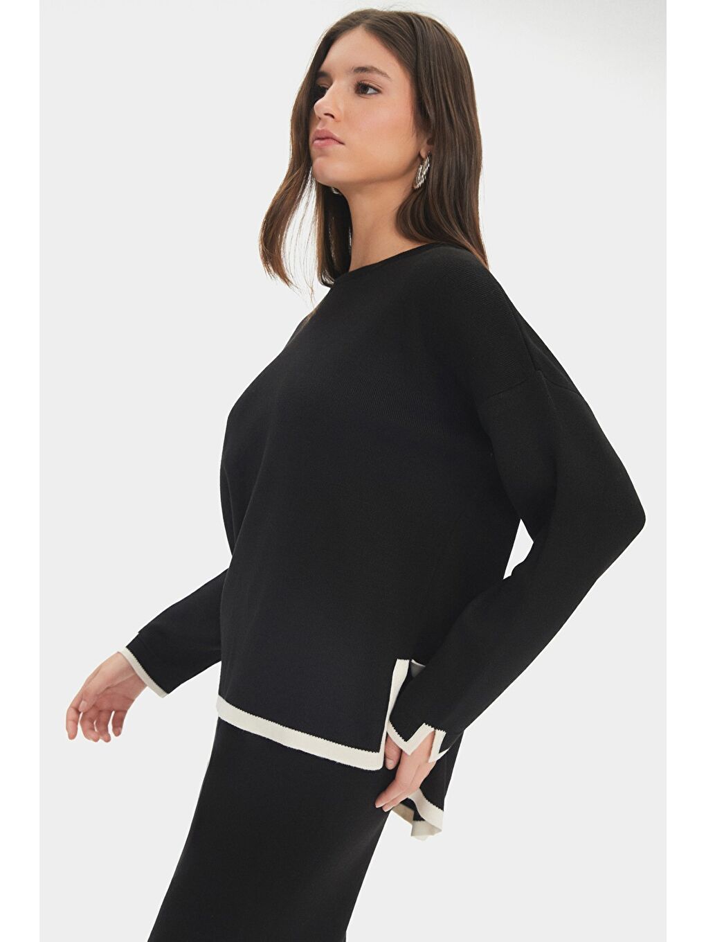 Siyah Kadın Geniş Kalıp Triko Kazak Pantolon Takım-4