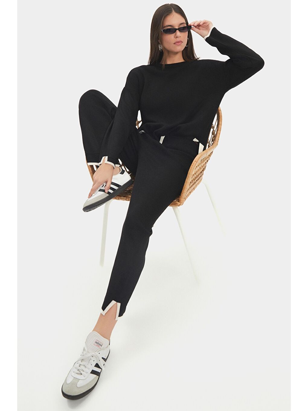 Siyah Kadın Geniş Kalıp Triko Kazak Pantolon Takım-5