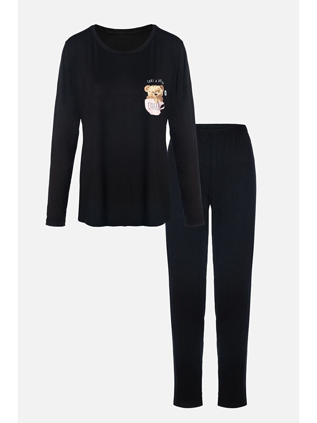 Siyah Kadın Yumuşak Dokulu Viskon Dökümlü Pijama Takımı