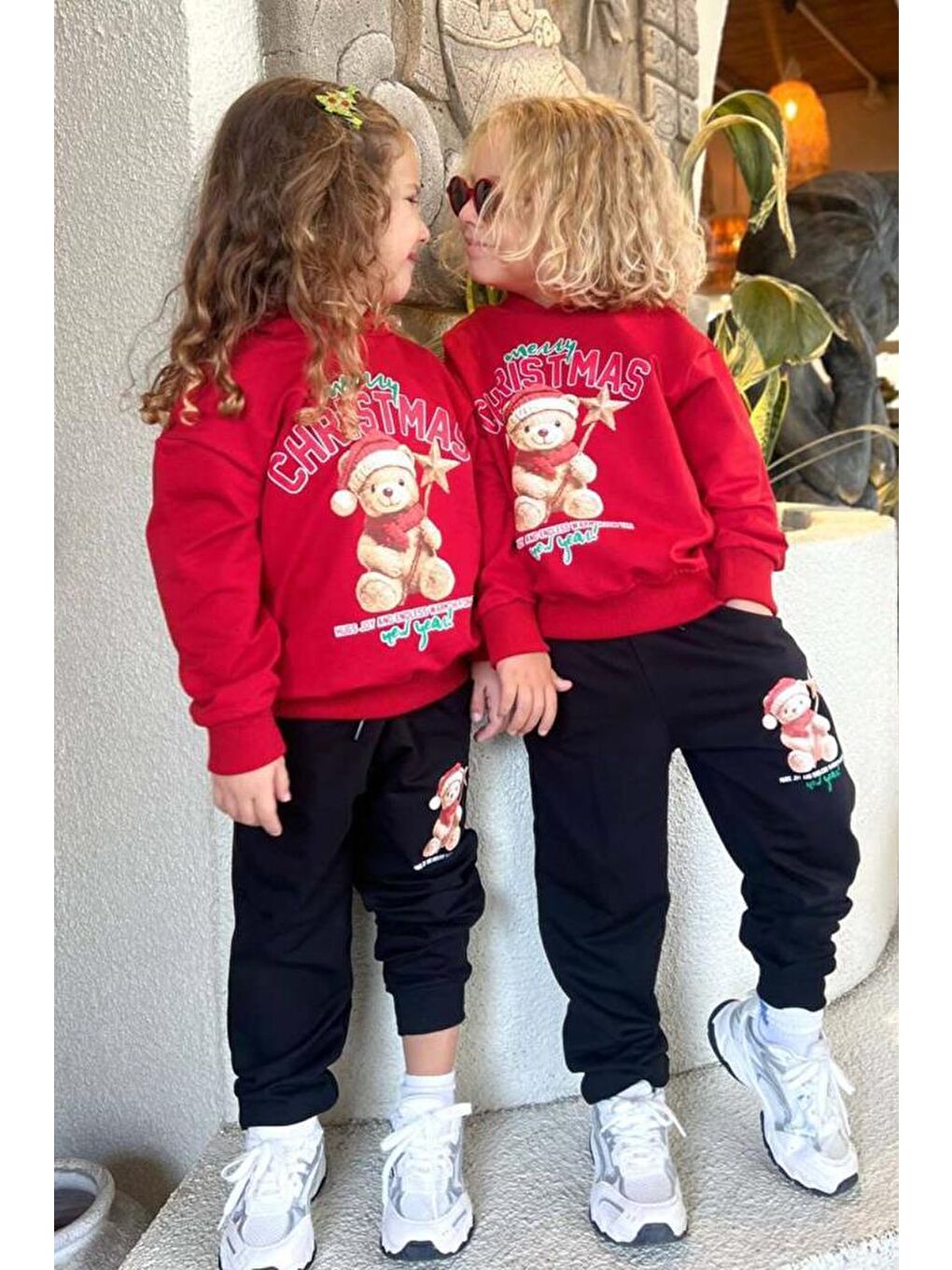 Erkek Çocuk Üzerinde Ayıcık Yazı Baskılı Kazak Kırmızı Eşofman Takım-1