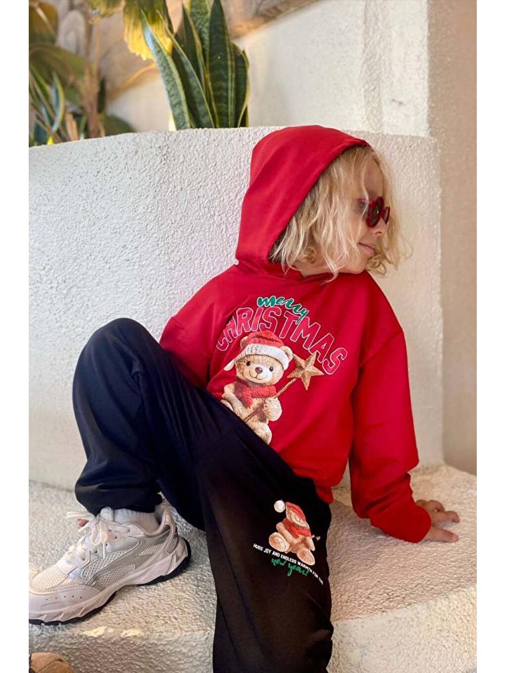 Erkek Çocuk Üzerinde Ayıcık Yazı Baskılı Kazak Kırmızı Eşofman Takım-2