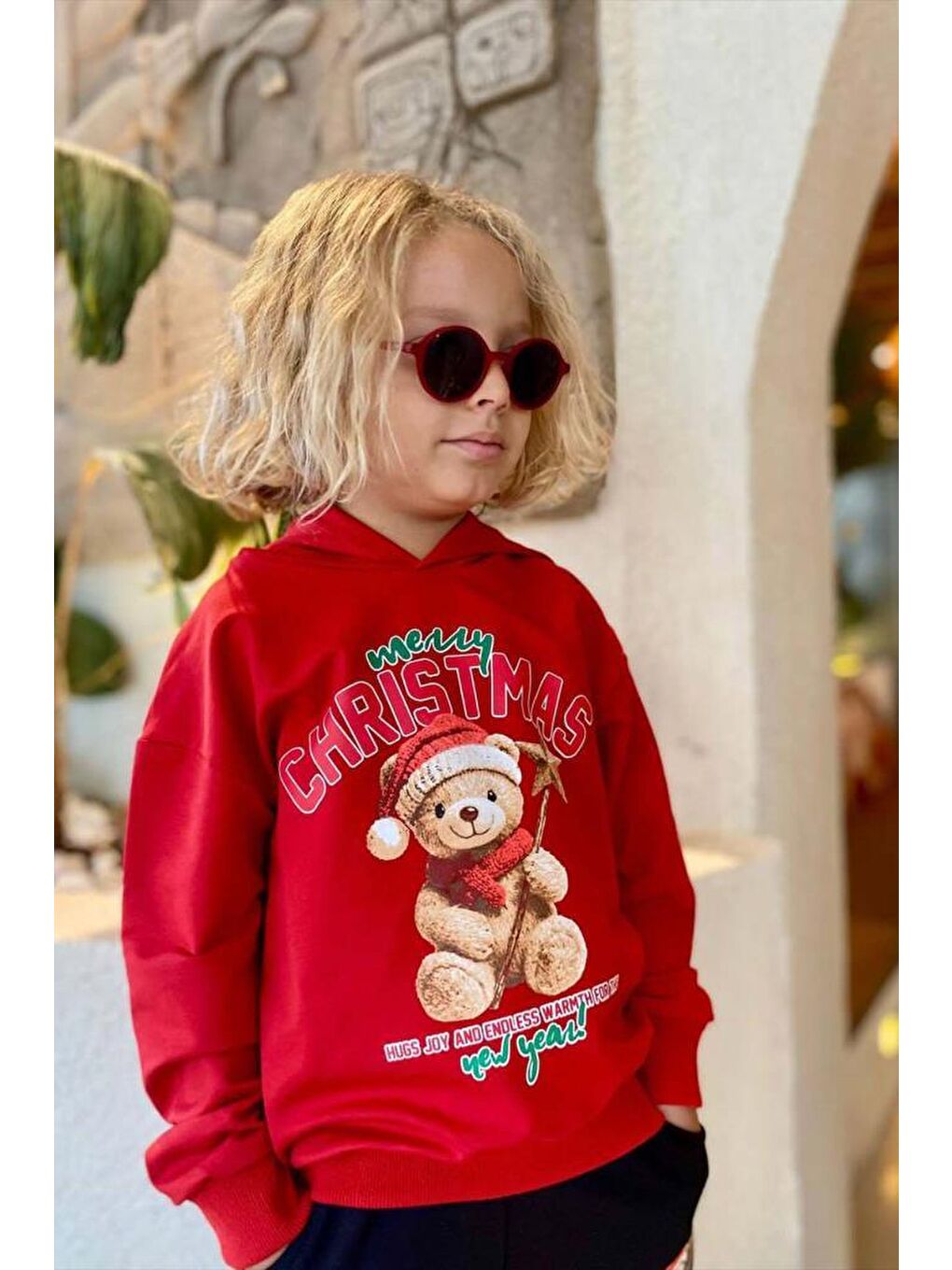 Erkek Çocuk Üzerinde Ayıcık Yazı Baskılı Kazak Kırmızı Eşofman Takım-3