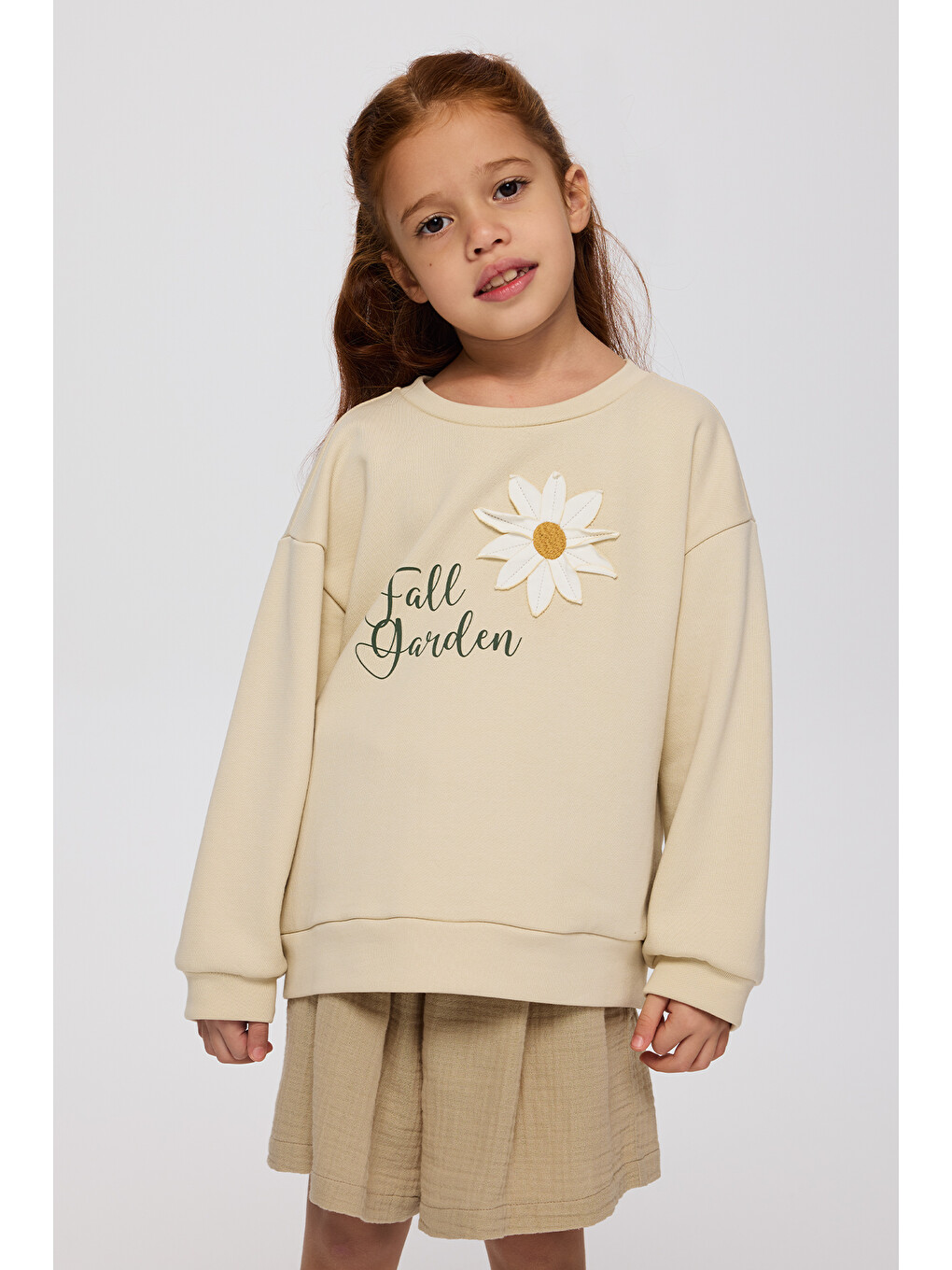 Bej Kız Çocuk Çiçek Motifli Sweatshirt-1