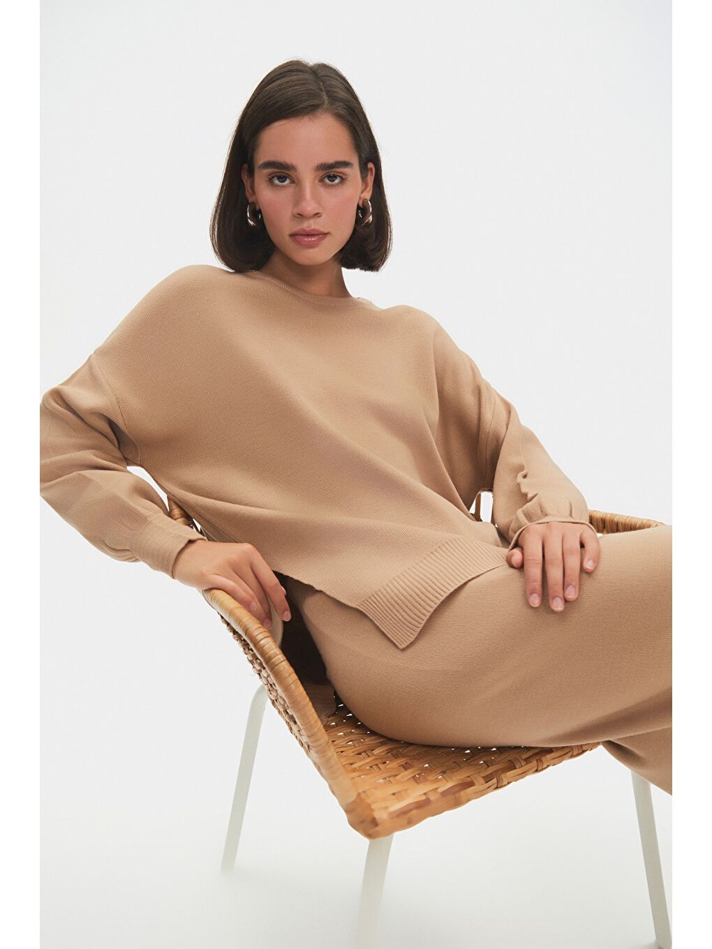 Kahverengi Kadın Geniş Kalıp Balon Kol Triko Alt-Üst Takım-3