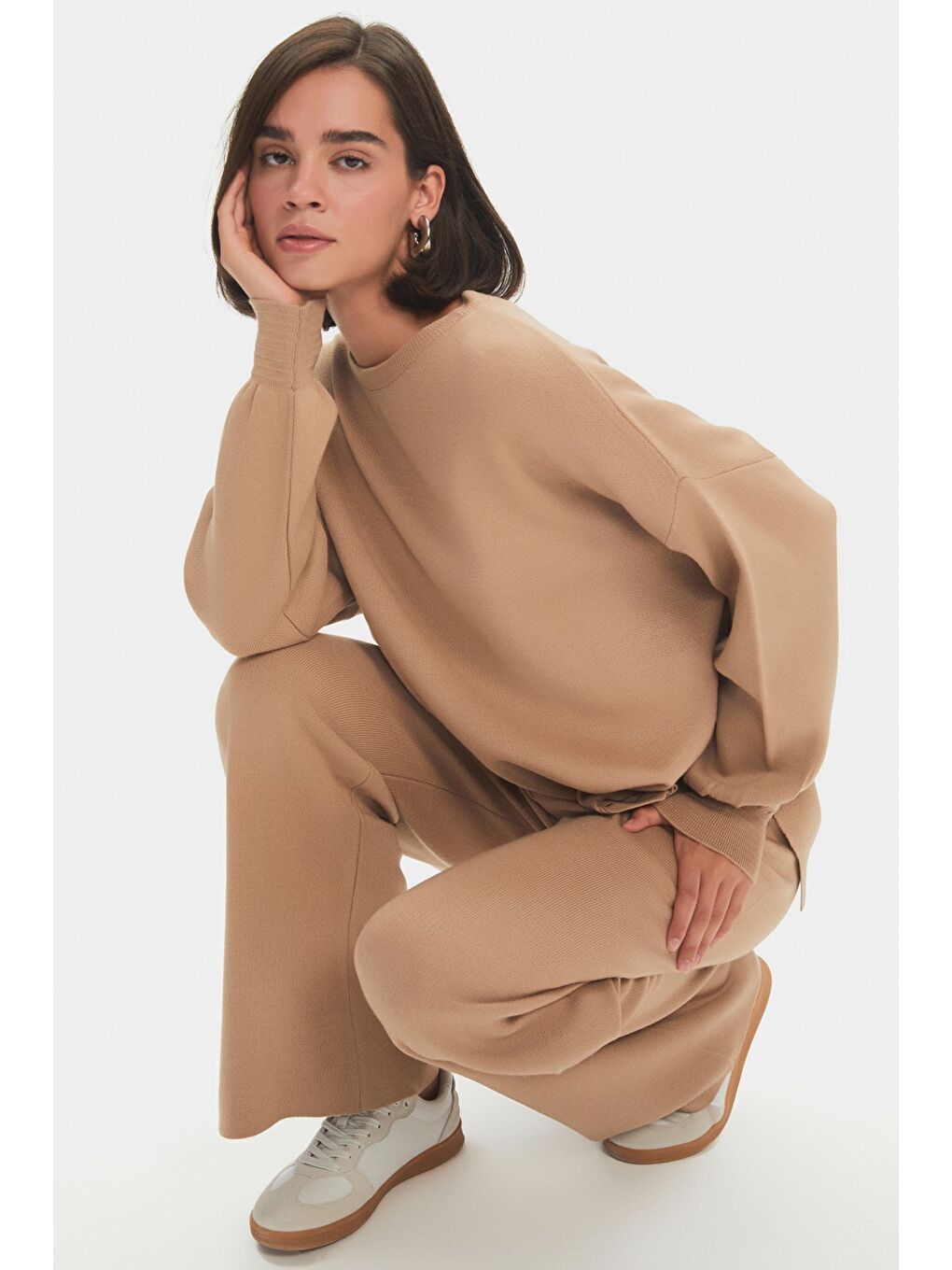 Kahverengi Kadın Geniş Kalıp Balon Kol Triko Alt-Üst Takım-4